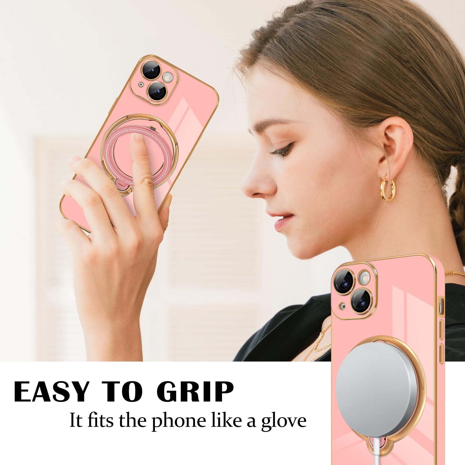 Luxury Magnetic iPhone 15 Plus Case with 360° Rotatable Stand - Shockproof TPU Bumper Protective Cover for Women & Men (Pink) - Perfect for Work, Travel & Everyday Use