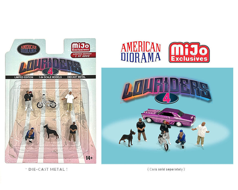 American Diorama 1/64 Scale Lowriders 4 Figure Set - MIJO Exclusives Collectible Miniatures for Model Car Displays & Diorama Scenes