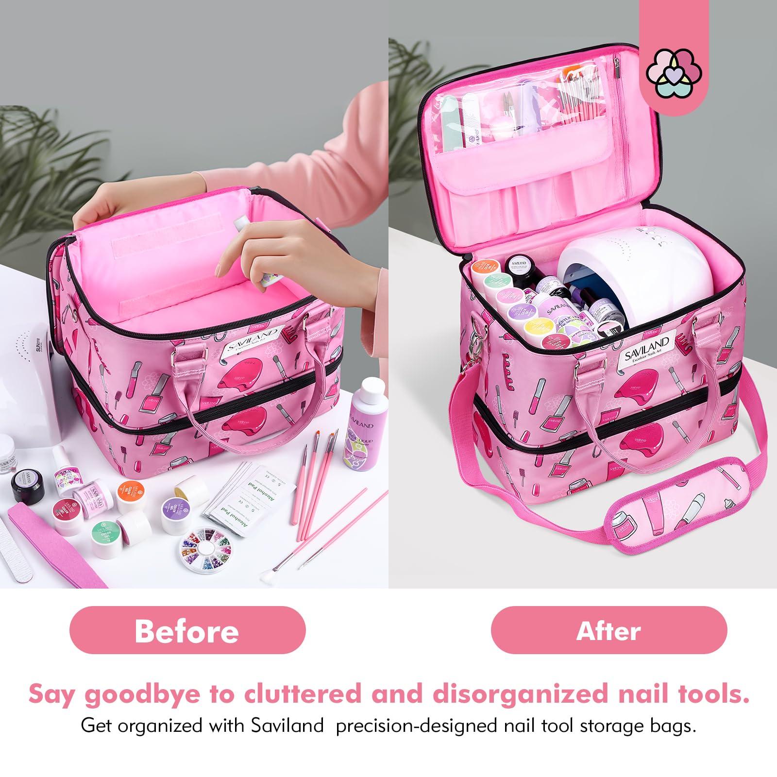 SAVILAND Professional Nail Polish Organizer Bag - Double Layer Portable Storage Case Holds 40 Bottles & Nail Lamp | Perfect for Nail Technicians, Salon Professionals & Travel | Durable Nail Supplies Organizer for Home & Mobile Nail Services
