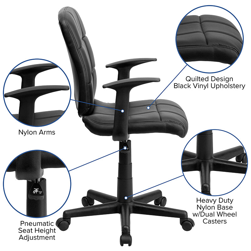 FLASH Clayton Mid Back Black Quilted Vinyl Swivel Task Office Chair with Arms - Ergonomic Desk Chair for Home Office, Computer Workstation & Conference Room