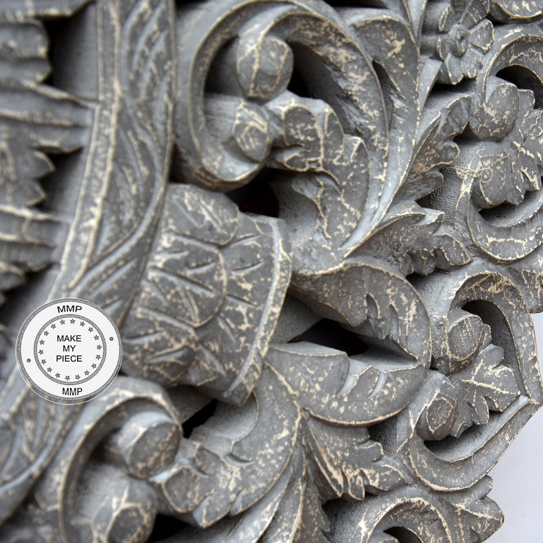 Hand Carved Indian Wooden Round Wall Decor Panel - Traditional Grey Wood Art for Home & Office Decoration | Perfect for Living Room, Bedroom, and Meditation Spaces