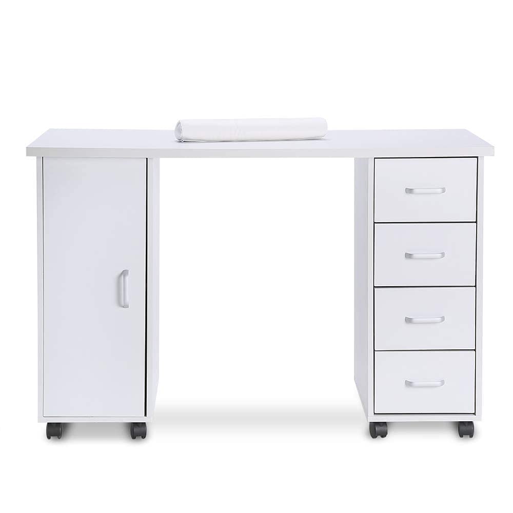 Professional Acetone-Resistant Wooden Nail Table for Salon & Spa - Manicure Pedicure Station with Storage Cabinet, Drawers, Adjustable Wheels & Wrist Rest - Perfect for Nail Technicians, Home Salons & Beauty Studios