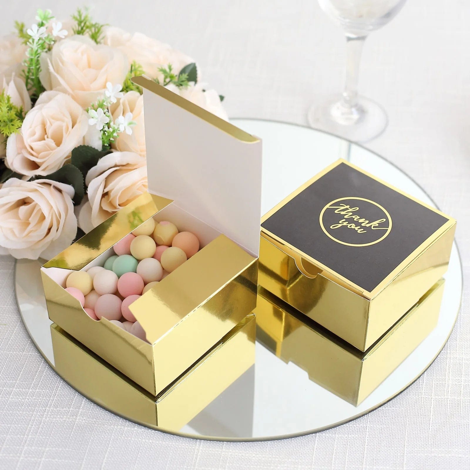 25 Pack 4x4 Inch Square Favor Boxes with Thank You Print - Gold and Black Gift Holders for Weddings, Parties & Special Events