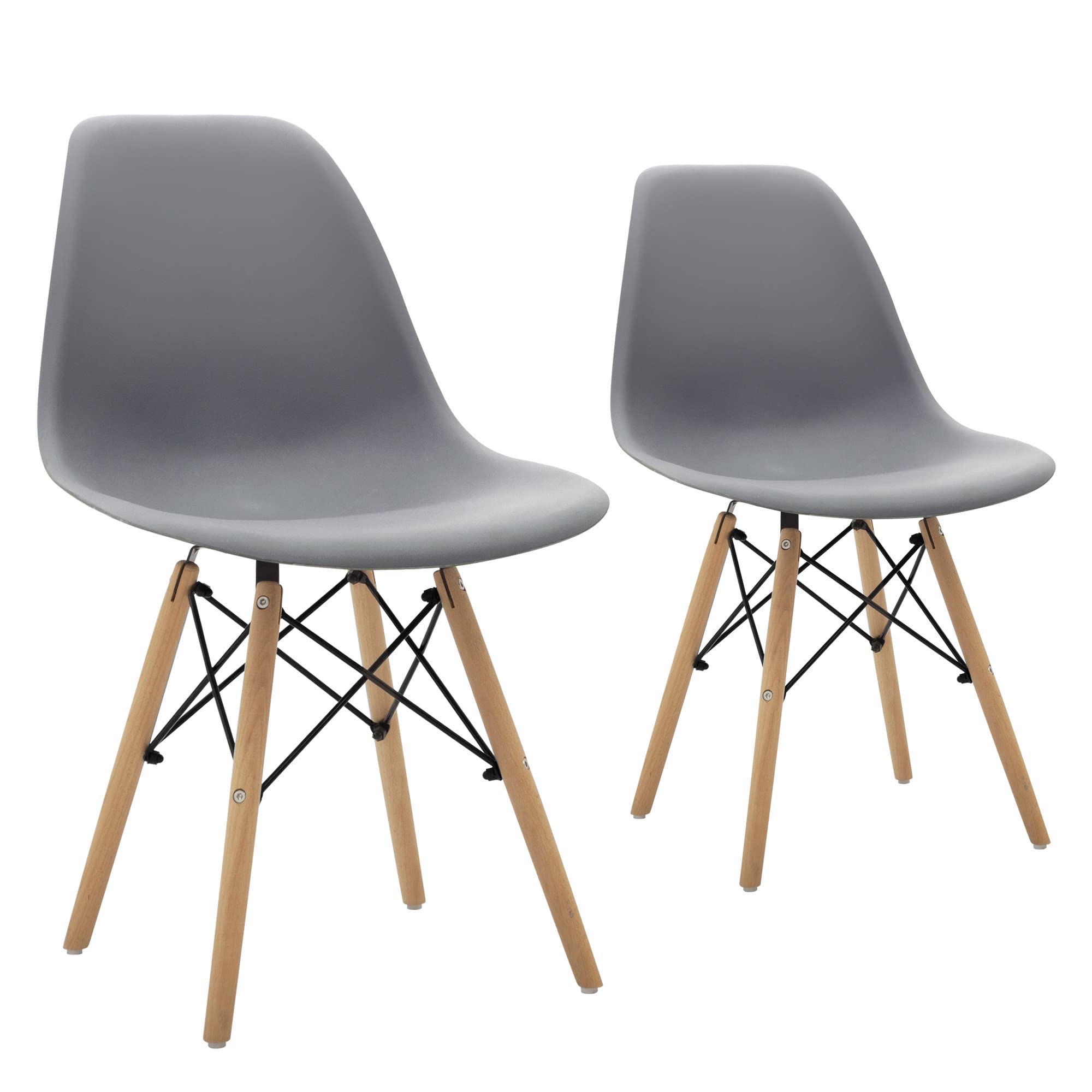 Mid-Century Modern Shell Lounge Chairs with Natural Wooden Legs - Set of 2, Gray - Perfect for Kitchen, Dining Room, Bedroom or Living Room Accent Seating