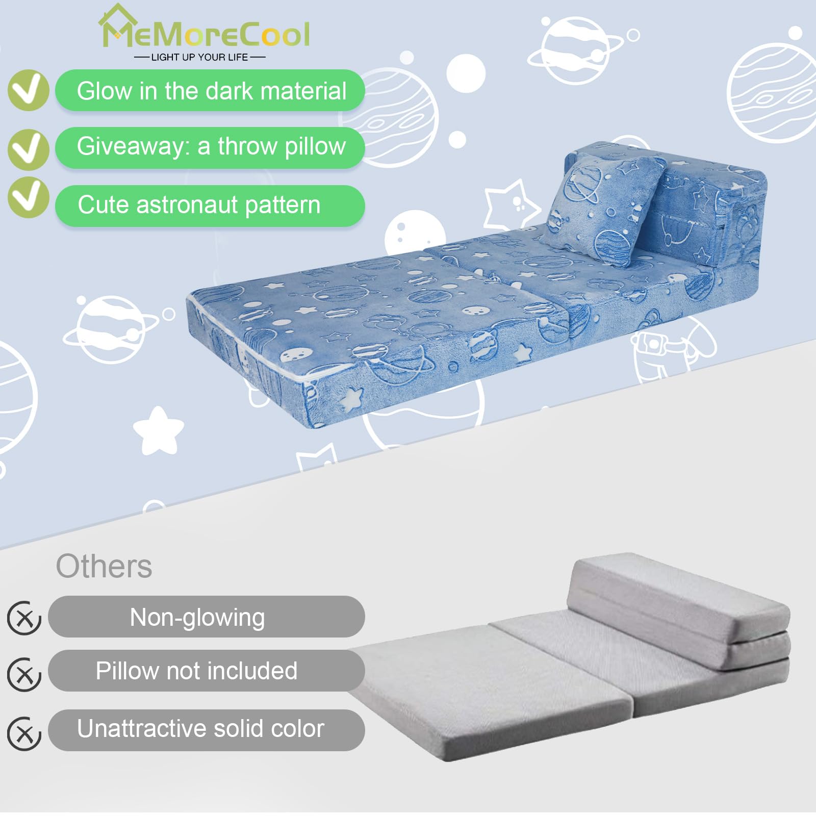 MeMoreCool Glow in the Dark Space-Themed Kids Sofa Bed - Tri-Fold Convertible Futon Chair & Floor Couch with Planets & Stars - Perfect for Playroom, Bedroom & Sleepovers