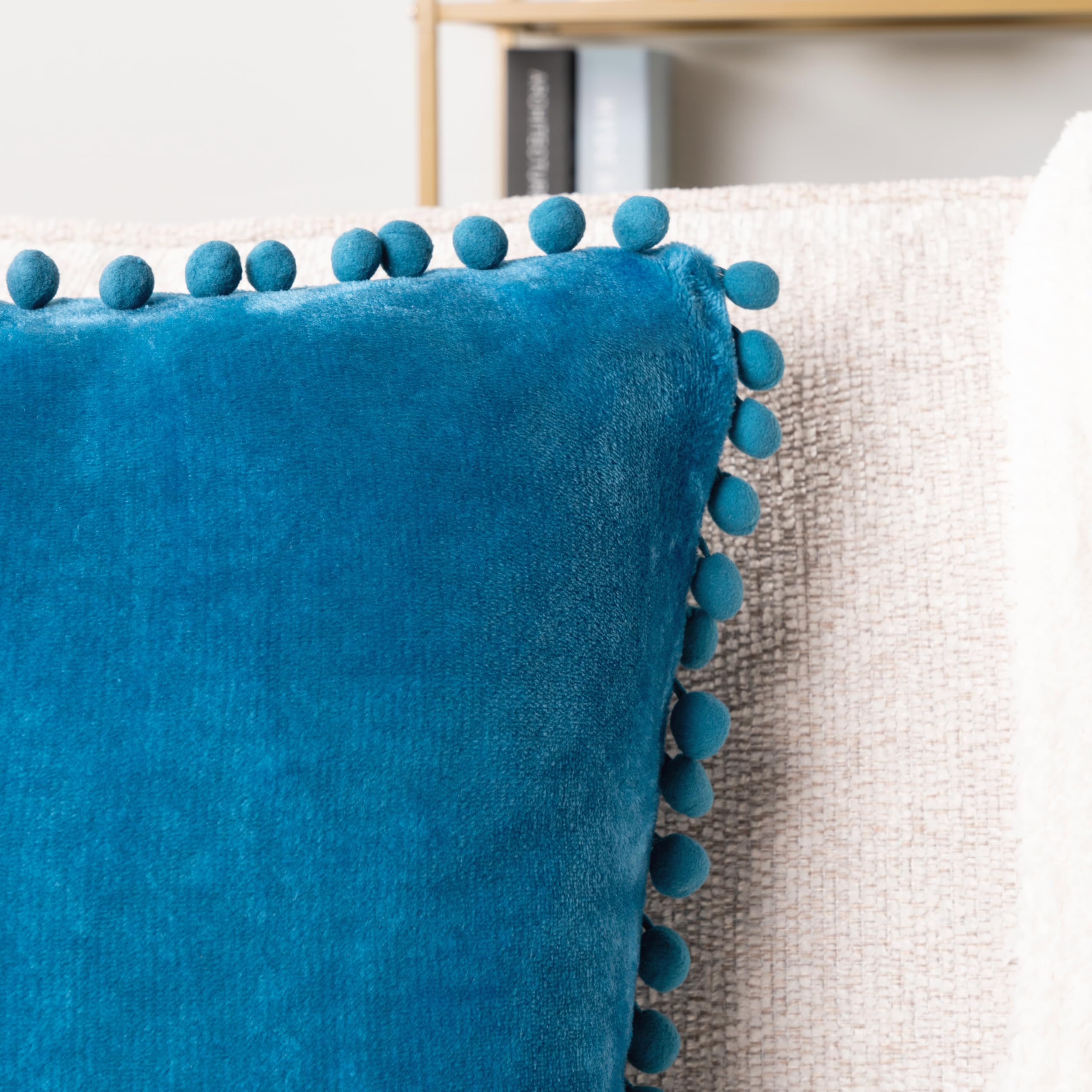 PAVILIA Teal Blue Velvet Throw Pillow Covers 18x18 Inches Set of 2 - Soft Plush Pom Pom Decorative Cushion Covers for Sofa, Couch & Bed - Luxury Home Decor for Living Room, Bedroom & Dorm Aesthetic