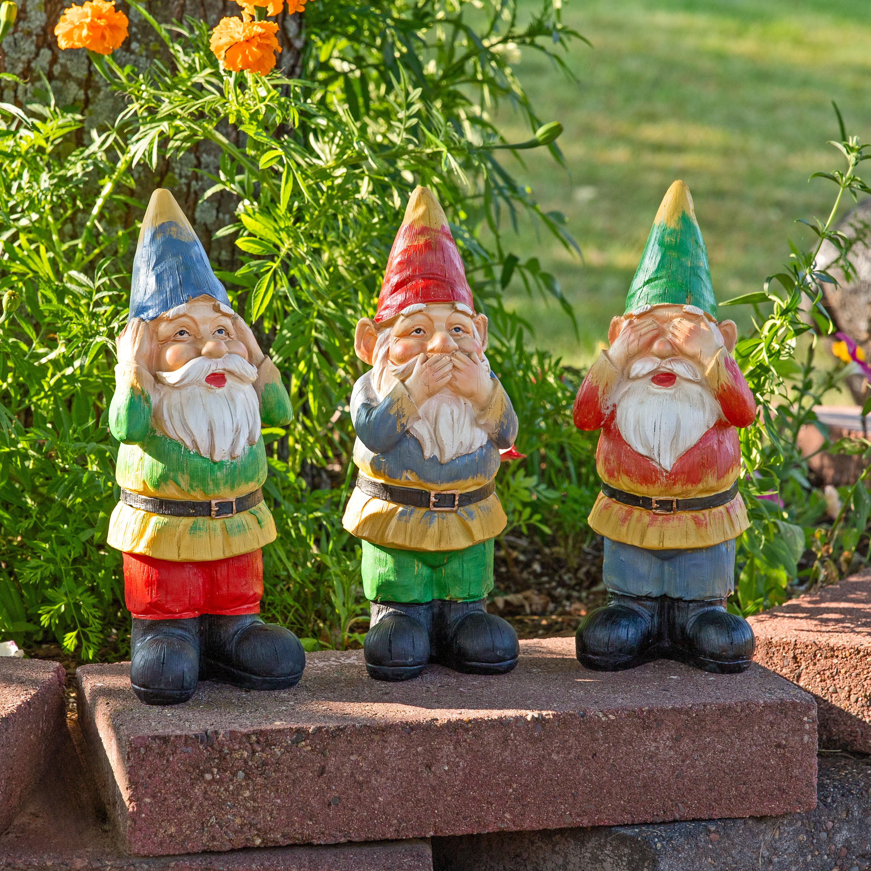 Sunnydaze 3 Wise Gnomes Garden Statue Set - Hear No Evil, Speak No Evil, See No Evil - Perfect for Outdoor Decor, Lawn Ornaments & Fairy Gardens