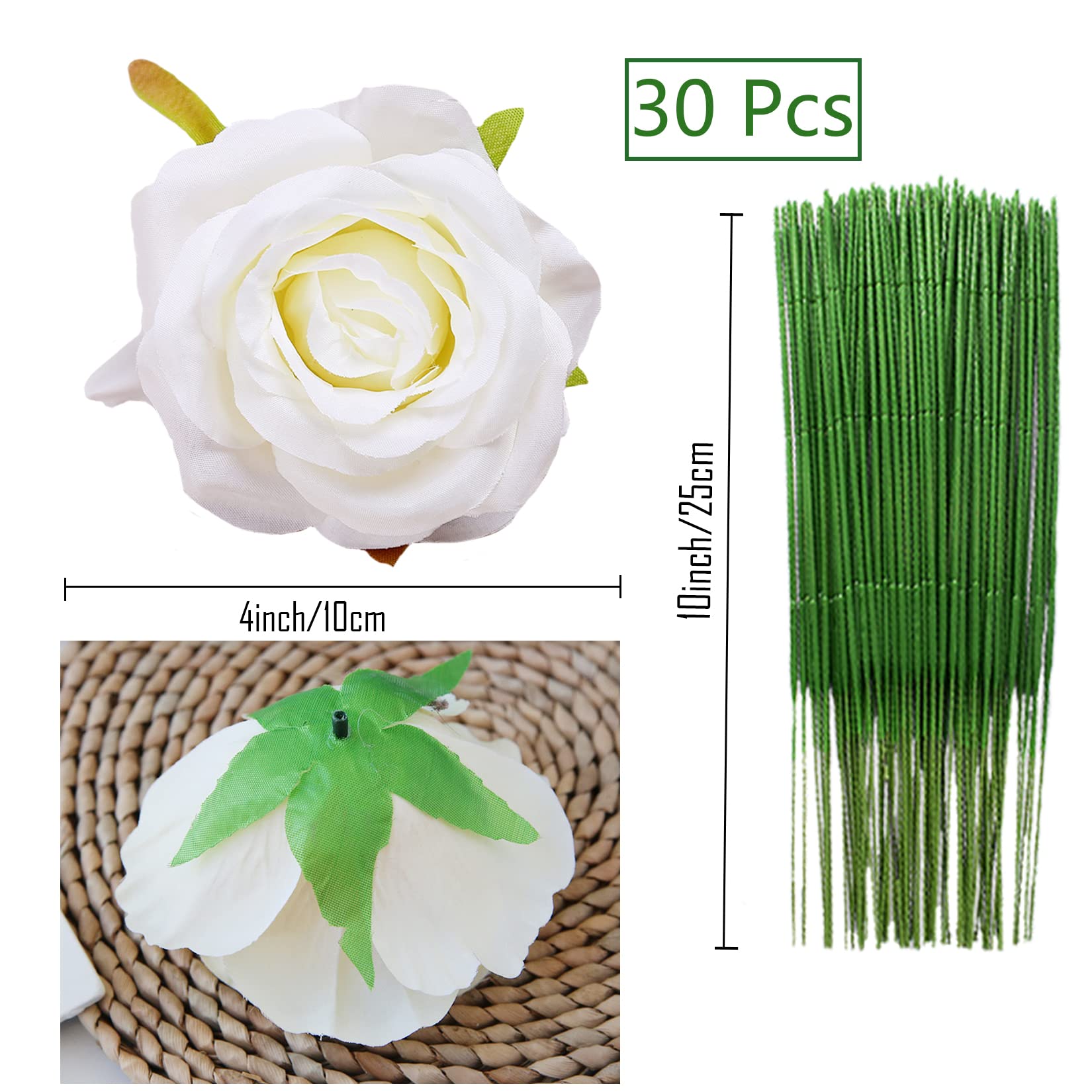 FagusHome 30 Pcs Silk Rose Heads - Artificial Flowers with Stems for Wedding, Home, Party Decor - Realistic Fake Roses in Creamy White for Bouquets, Centerpieces, and DIY Crafts