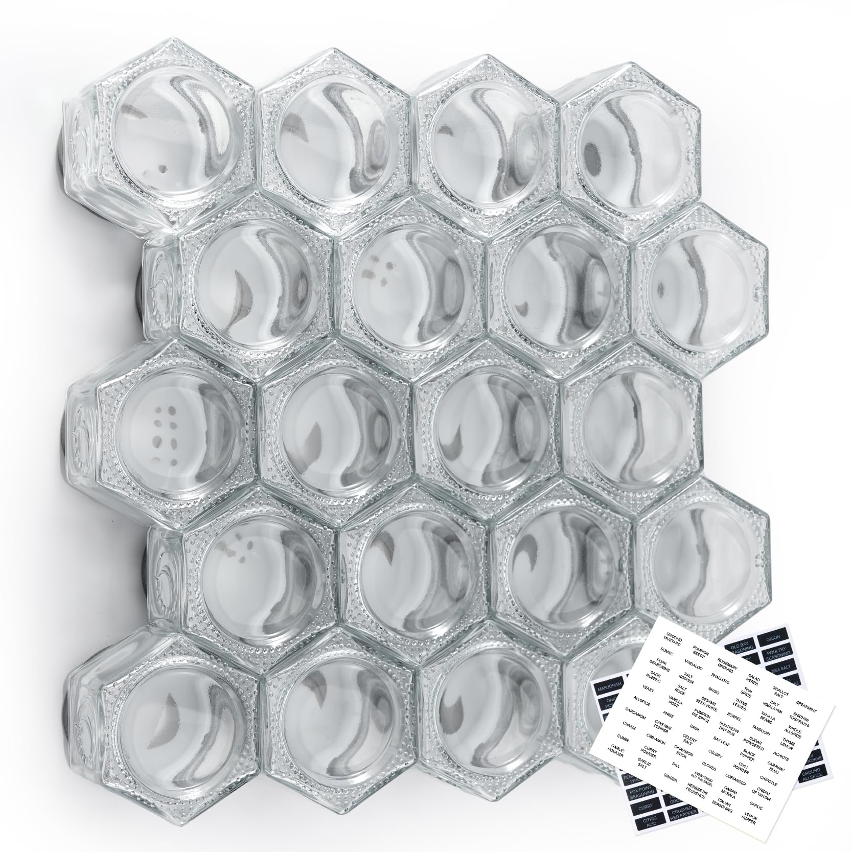 20-Pack Large 4oz Magnetic Spice Jars - Hexagon Glass Containers with Shaker Lids & Labels for Refrigerator, Kitchen, RV, Travel Trailer - Perfect for Space-Saving Spice Storage & Organization