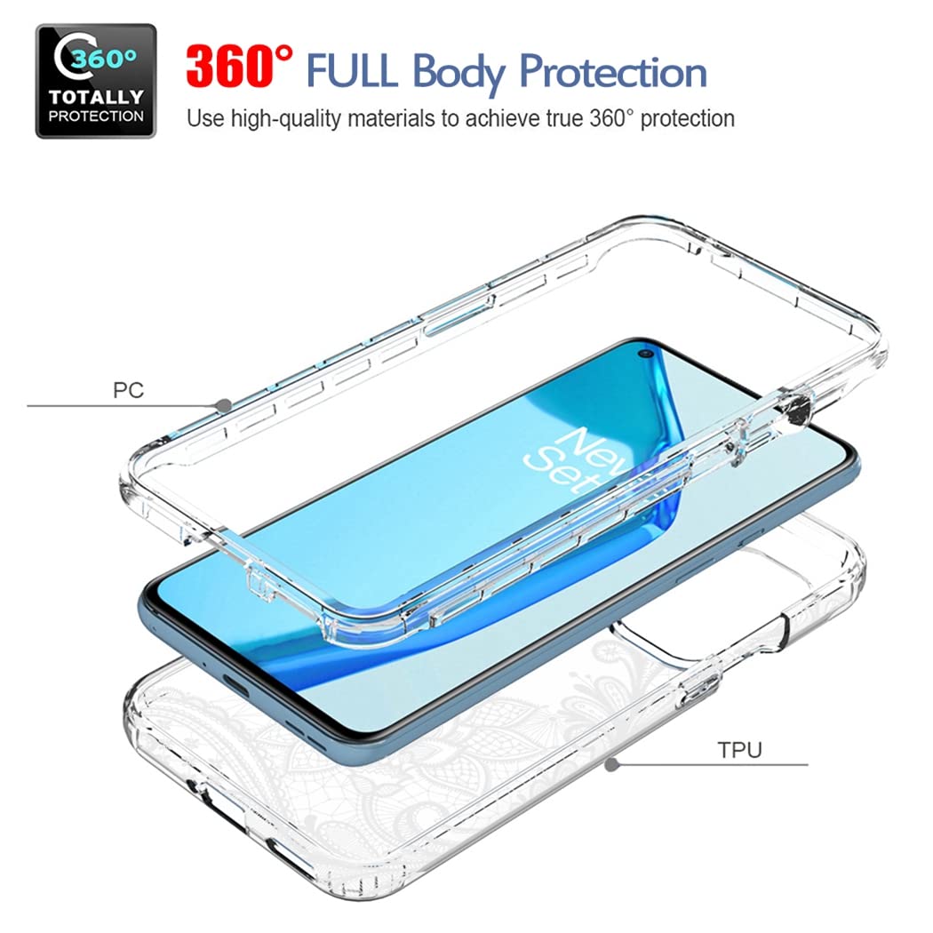OnePlus 9 5G LE2110 Phone Case with Tempered Glass Screen Protector - Clear Mandala Design Full Body Protective Cover | Shockproof, Anti-Scratch | Perfect for Daily Use, Travel & Outdoor Activities