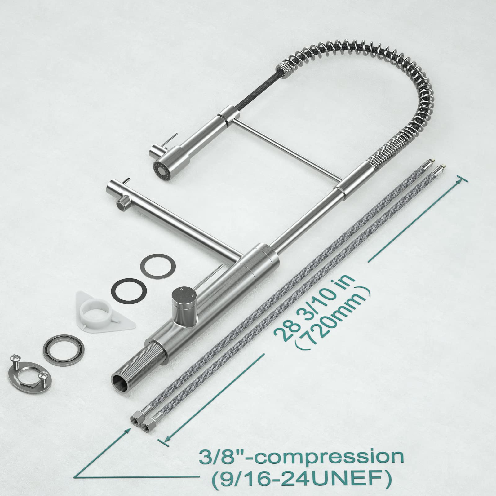 **CWM Commercial Kitchen Faucet with Pull Down Sprayer - 26.61 Inch Brushed Nickel Stainless Steel High Arc Sink Faucet with Pre-Rinse Sprayer for Restaurants, Home Kitchens & Bar Sinks**    *(Perfect for heavy-duty cooking, dishwashing, and food prep in commercial kitchens, home kitchens, and bar areas.)*