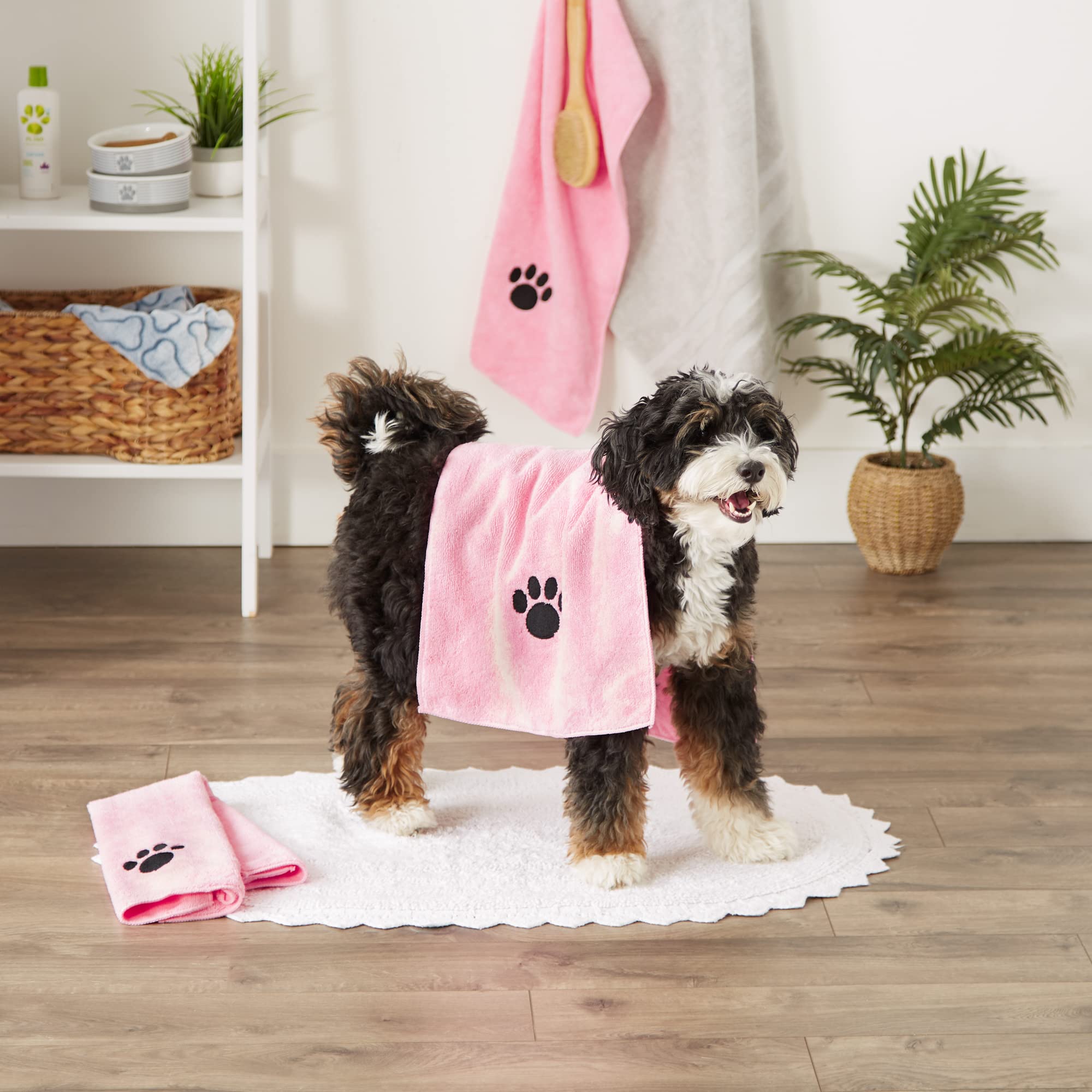 Bone Dry Pet Grooming Towel Set - Super Absorbent Microfiber Drying Towels with Embroidered Design (15x30 Inches, Pink, 3 Pack) - Perfect for Dogs, Cats & Small Pets After Bathing or Swimming