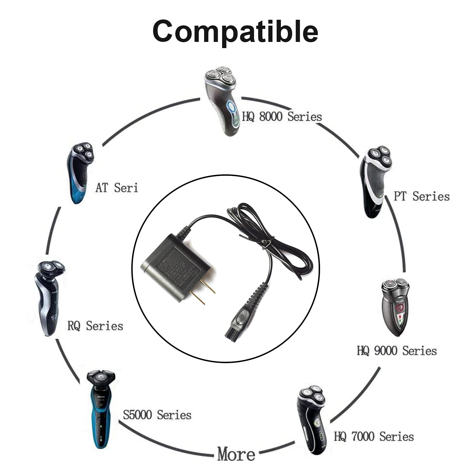 HQ8505 Replacement Power Cord for Philips Norelco Shavers - Compatible with OneBlade, Speed XL, SmartTouch XL, Spectra & Arcitec Series - Portable Charger Adapter for Travel, Home & Office Use