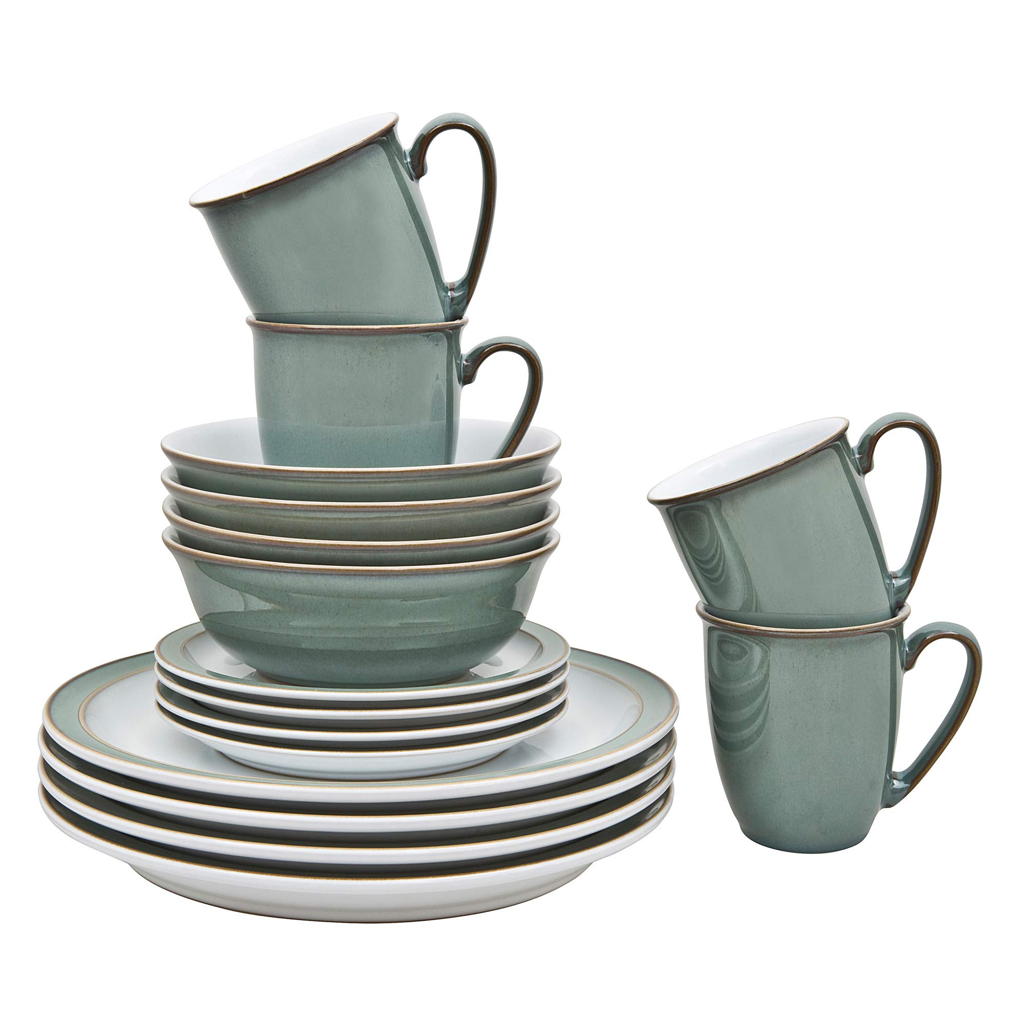 Denby Regency Green 16-Piece Ceramic Dinnerware Set - 4 Dinner Plates, 4 Salad Plates, 4 Cereal Bowls & 4 Mugs - Dishwasher & Microwave Safe Tableware - Perfect for Family Dinners, Parties & Everyday Use