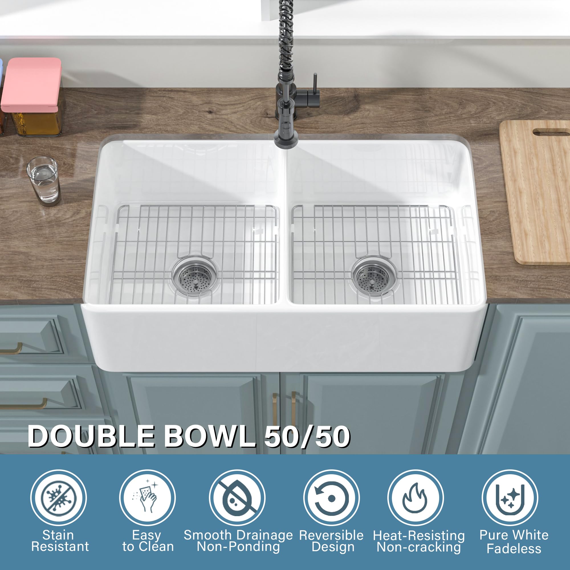 Premium 33 x 18 Inch White Farmhouse Sink Double Bowl - Fireclay Apron Front Undermount Kitchen Sink with 2 Accessory Types (Sleek/Fluted Reversible Design) | Pure White Farmhouse Style | Perfect for Rustic Kitchens, Modern Farmhouse Renovations & Chef-Inspired Cooking Spaces