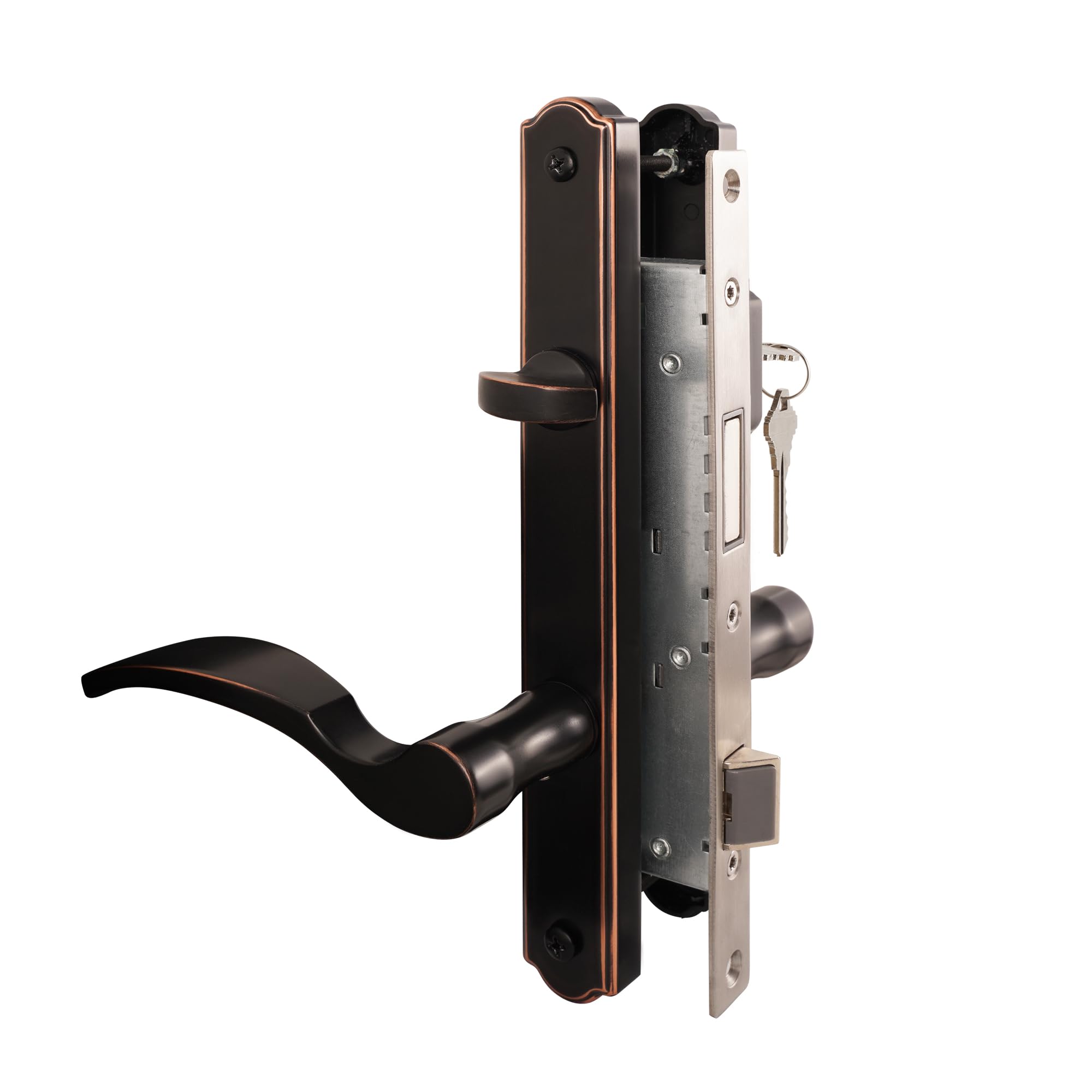 Universal Hinged Patio Door Handle System with Lever Handle & Mortise Lock Set - Left/Right Entry Door Handles (Oil Rubbed Bronze) - Perfect for Sliding Glass Doors, French Doors & Home Security