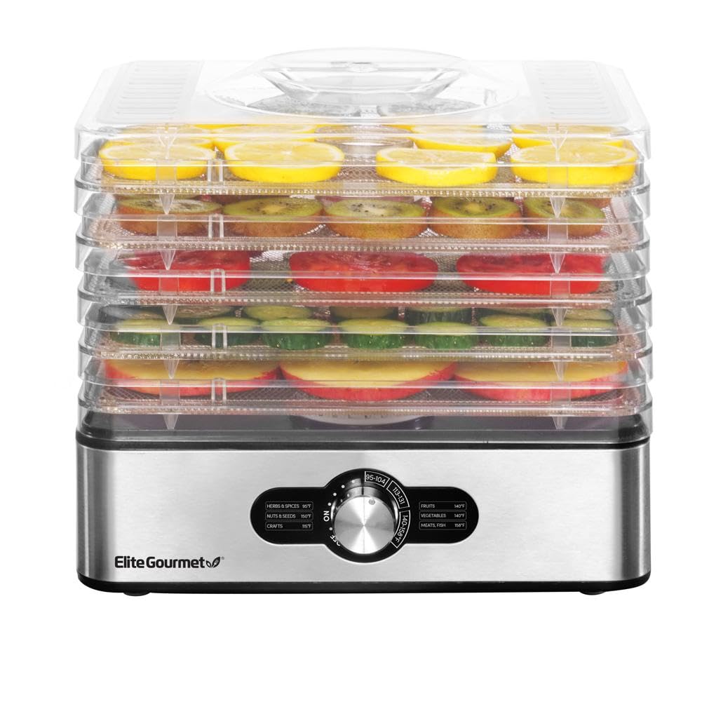 Elite Gourmet EFD3321 Stainless Steel Food Dehydrator with Adjustable Temperature - Perfect for Making Jerky, Drying Herbs, Fruits, Vegetables & Healthy Snacks - Ideal for Home Kitchen, Camping & Meal Prep