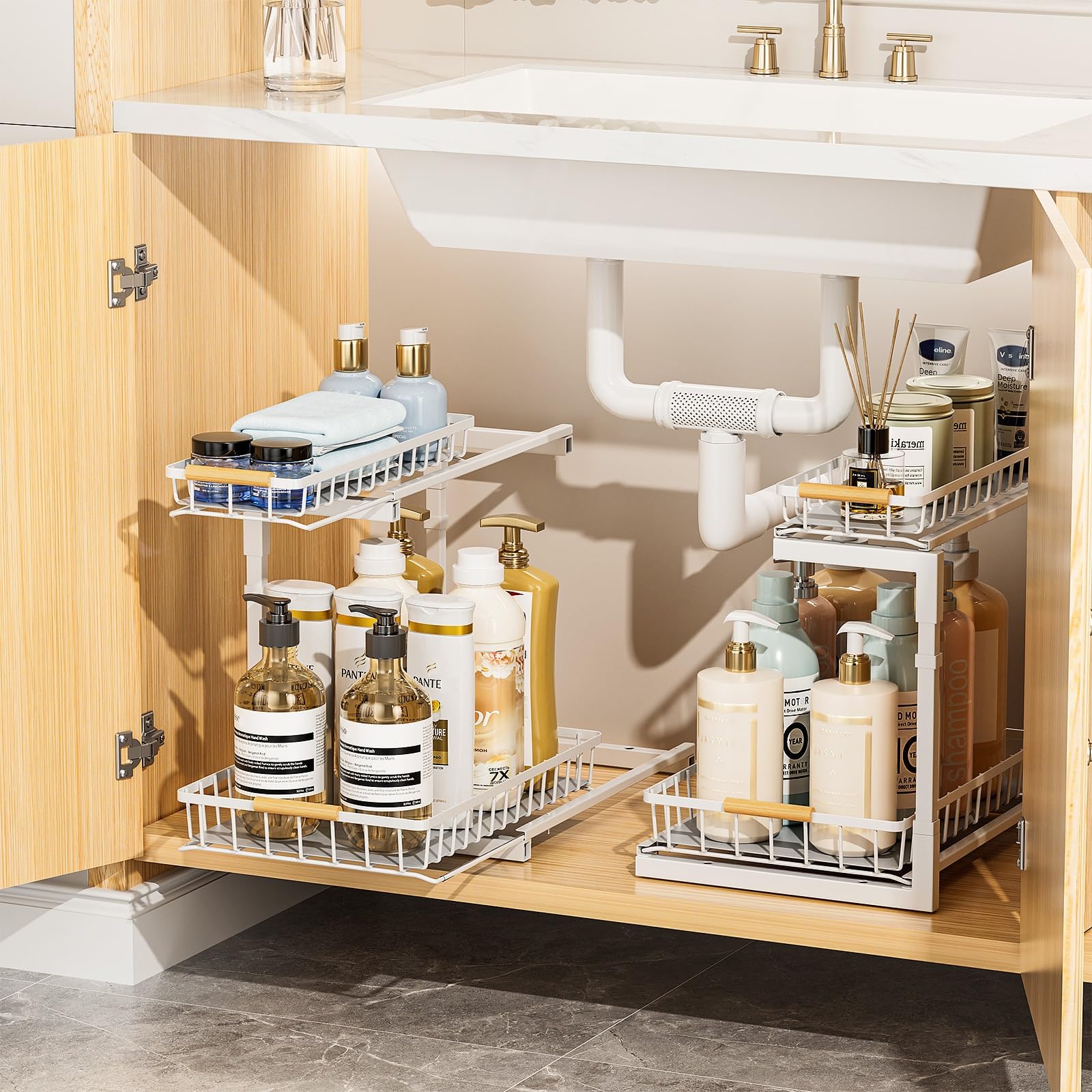 **Delamu 2-Tier Pull Out Under Sink Organizer - 2 Pack Slide Out Cabinet Storage Shelf for Kitchen, Bathroom & Pantry - Perfect for Spice Racks, Cleaning Supplies & Toiletries**