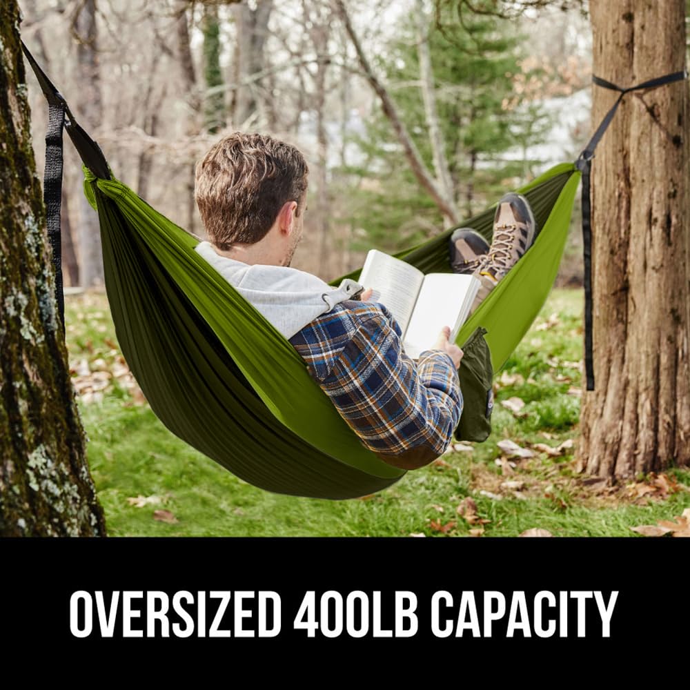 GORILLA GRIP Heavy Duty Camping Hammock - 400lb Capacity with Reinforced Tree Straps | Portable Travel Swing for Outdoor Adventures | Easy Setup 9x4.5 FT Green Hammock | Perfect for Backpacking, Beach Lounging & Backyard Relaxation