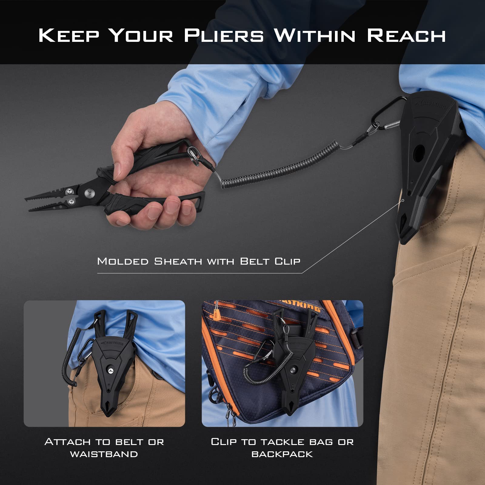 KastKing Saltwater Resistant Fishing Pliers & Fish Lip Gripper Combo - Durable Fishing Tools with Rubber Handle, Lanyard, Line Cutter, Hook Remover & Sheath - Perfect for Saltwater Fishing, Ice Fishing & Outdoor Adventures - Great Gift for Anglers & Fishing Enthusiasts