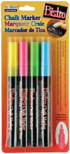 Vibrant Bistro Chalk Markers Set - 4 Fine Tip Colors (Fluorescent Pink, Blue, Green, Yellow) for Restaurants, Cafes & Creative Menu Boards