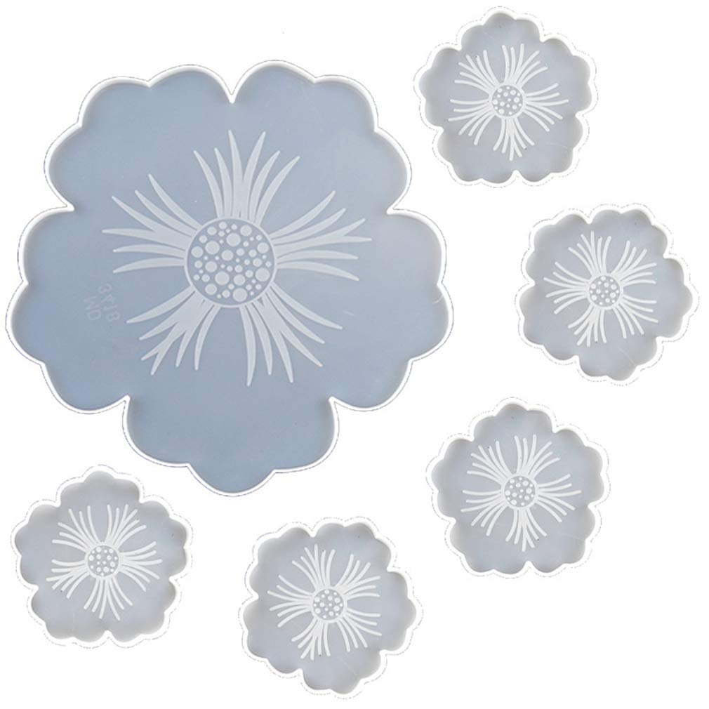 Remanbo Flower Shaped Epoxy Resin Casting Molds Set - 1 Large Tray Mold & 5 Coaster Molds for DIY Home Decor, Wedding Centerpieces & Craft Projects