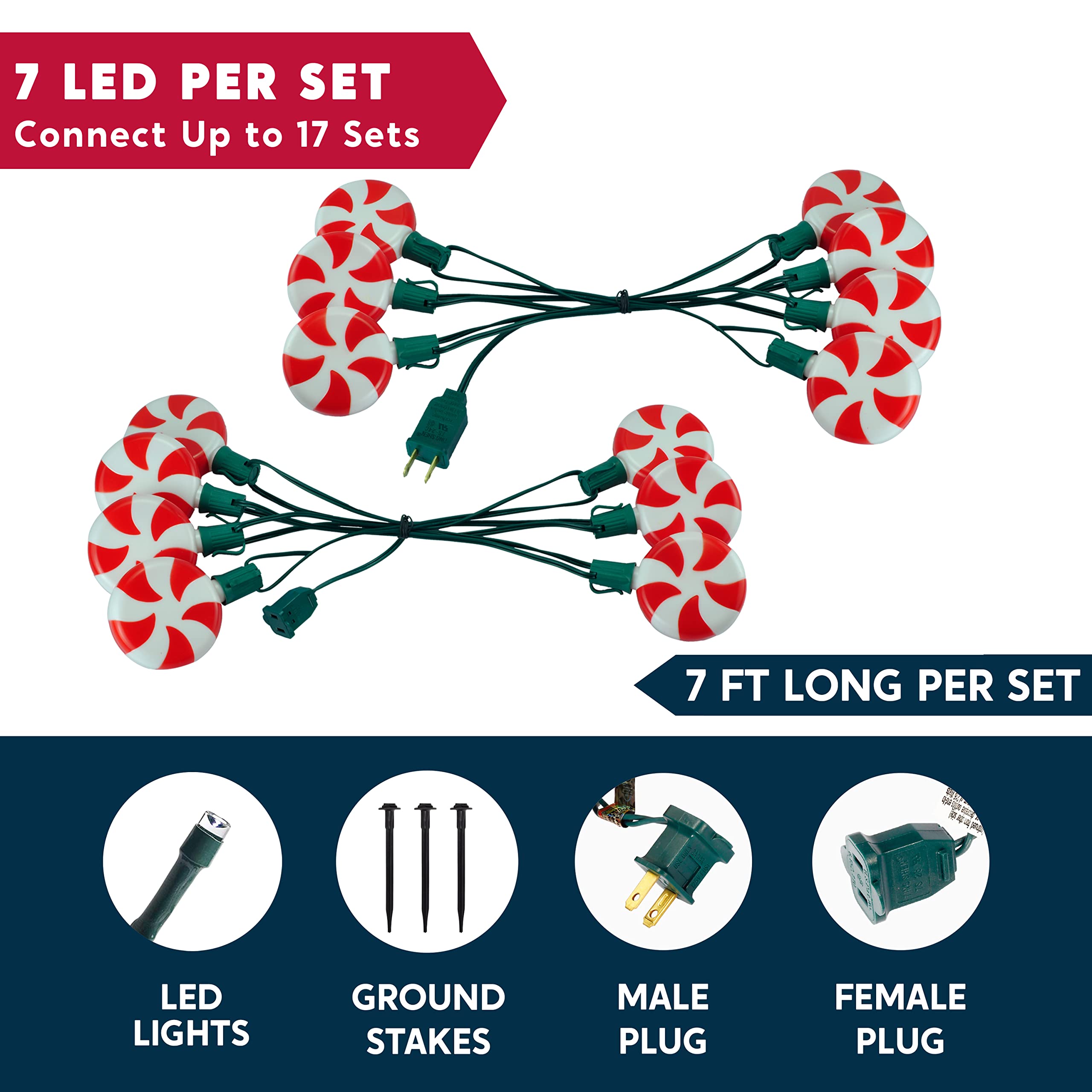 Joiedomi 14-Piece Christmas Lollipop Pathway Lights Outdoor - 14.3 FT Plug-in Peppermint Walkway String Lights with Stakes & Clips for Holiday Yard Decorations | Waterproof, Hangable & Pluggable | Perfect for Driveways, Gardens & Christmas Displays