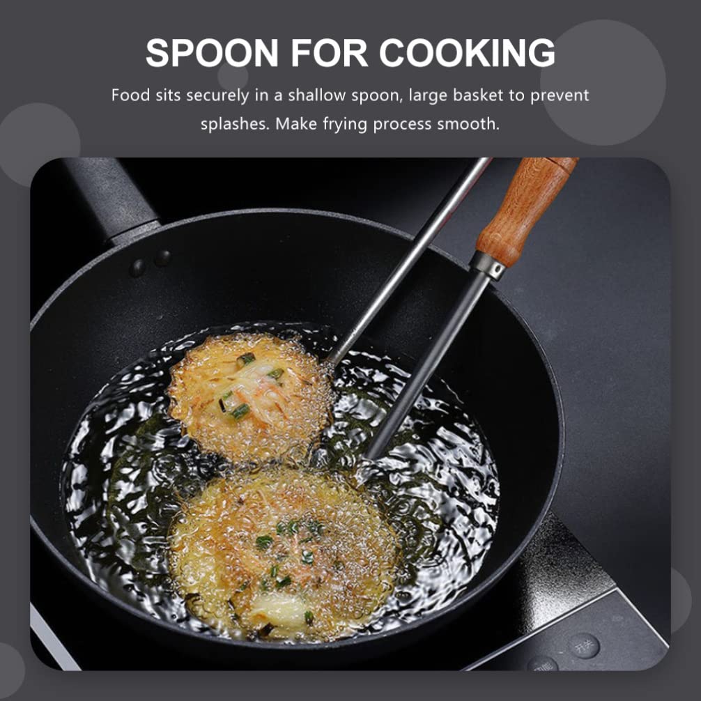 Stainless Steel Wooden Handle Frying Spoon - 5.2x15.7 Inch Round Flat Basting Ladle for Cooking, Sauteing & Serving - Perfect for Kitchen, BBQ, Camping & Outdoor Cooking