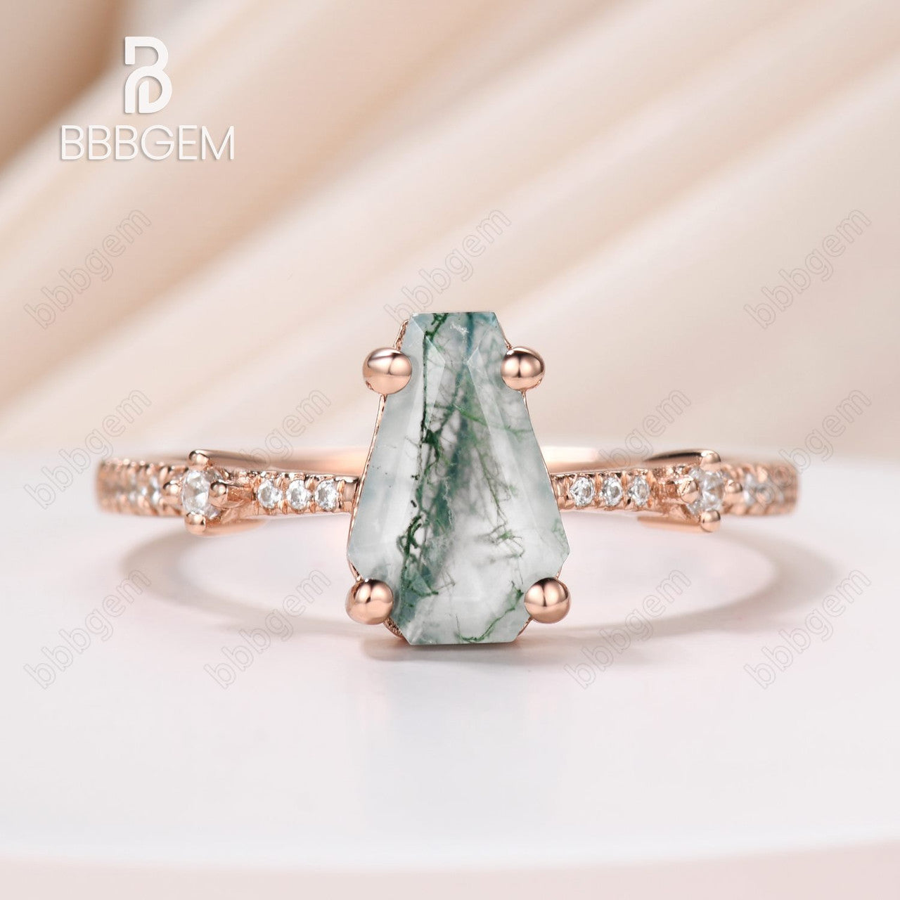 Natural Green Moss Agate Promise Ring with Moissanite Band in Rose Gold & Silver | Unique Coffin Cut Design for Engagement, Wedding & Anniversary Gifts | Handmade Jewelry for Her