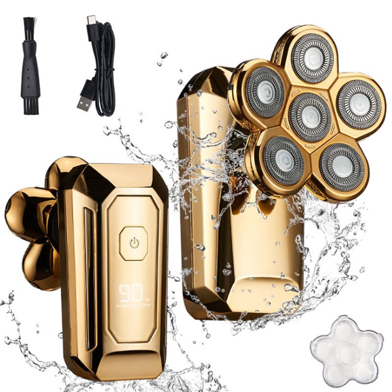 Premium 6-Blade Electric Razor for Men - Rechargeable Bald Shaver & Beard Trimmer with LCD Display | Full Body Grooming Kit | Gold Finish | Perfect for Travel, Home Use & Gift Giving