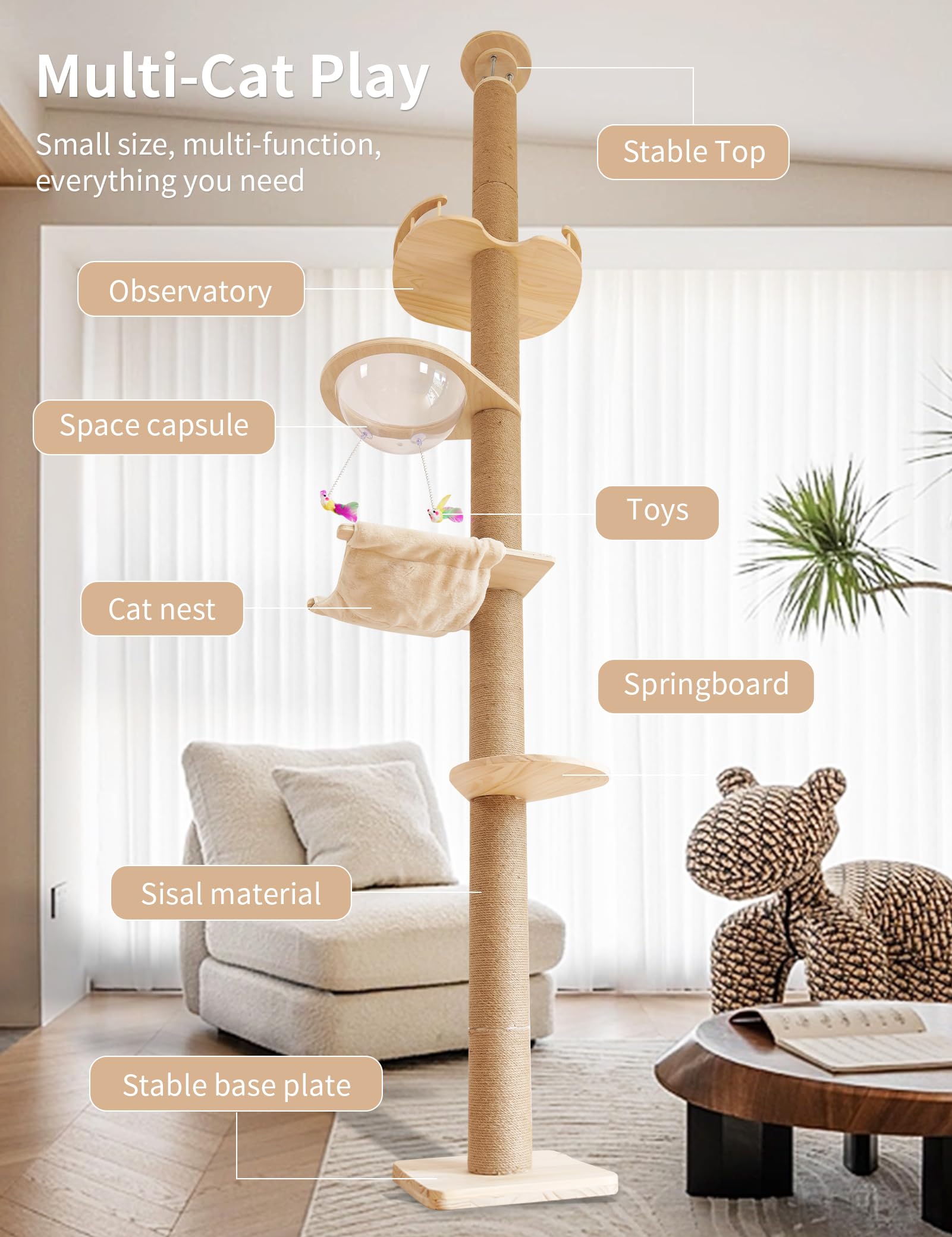 Premium Adjustable Cat Tree Floor to Ceiling - 55.52-118.5 Inch Natural Sisal Scratching Post & Activity Center for Indoor Cats | Perfect for Small Spaces & Multi-Cat Homes