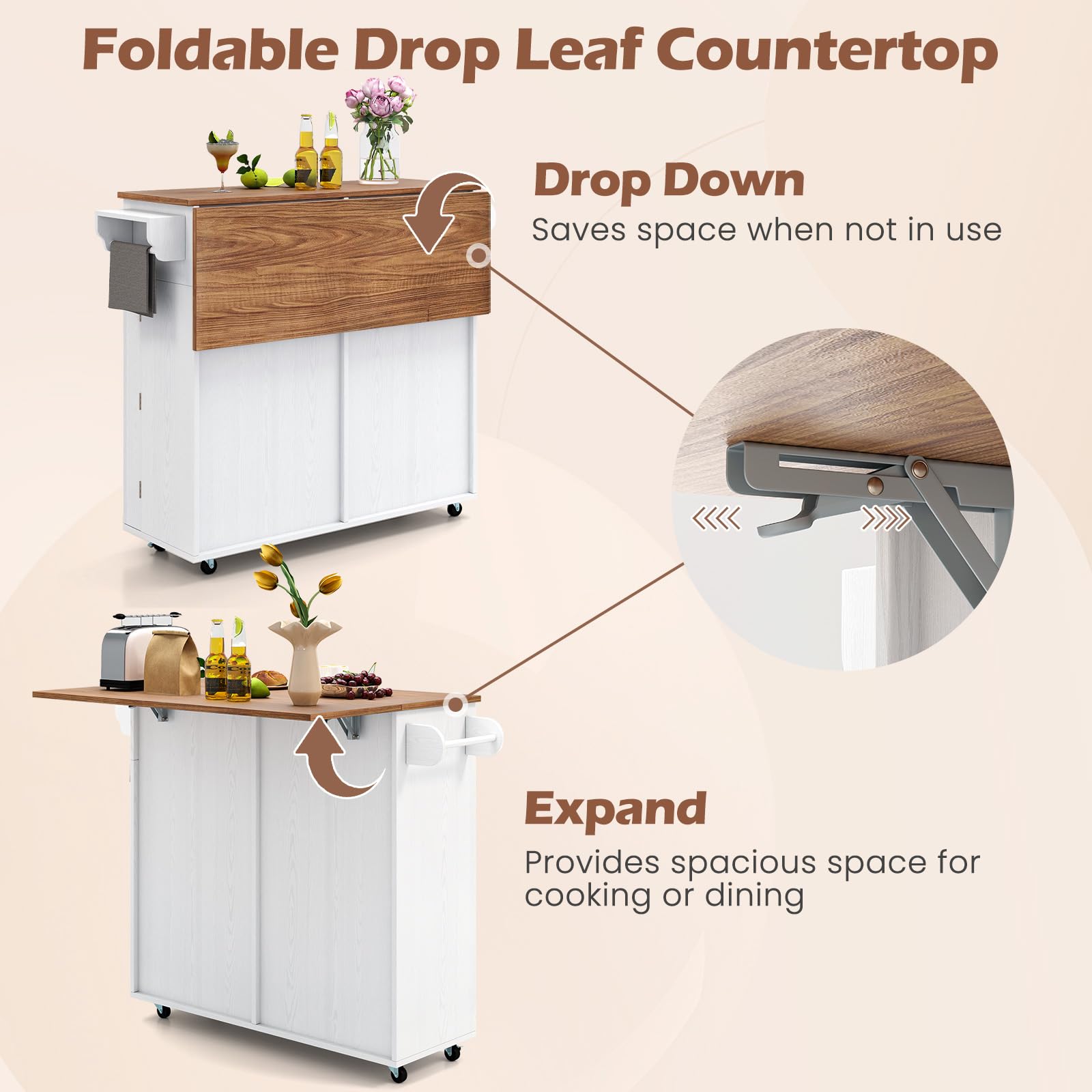 Giantex Kitchen Island Cart with Hidden Tilt-Out Trash Can, Drop Leaf, 2 Drawers & Towel Rack - Mobile Rolling Breakfast Bar Table - White & Natural Wood Storage Cart - Perfect for Small Kitchens, Apartments & Breakfast Nooks
