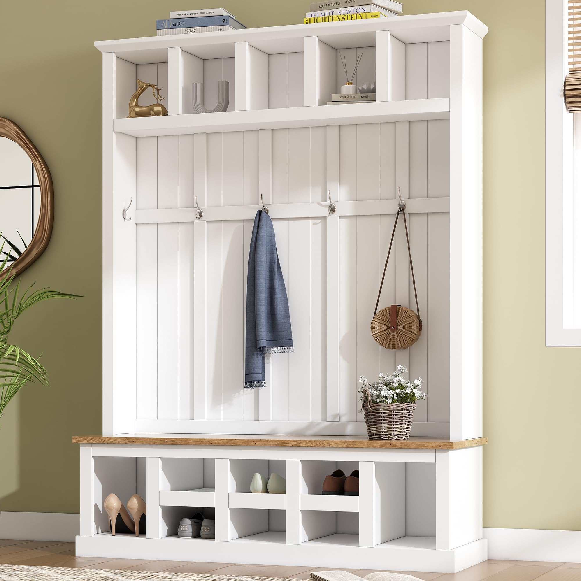 78''H Wide Entryway Hall Tree with Top Shelves, 6 Hooks & Storage Bench - White Shoe Cabinet with Cube Storage for Living Room, Mudroom & Hallway Organization | Perfect for Entryway Decor, Coat Hanging & Shoe Storage