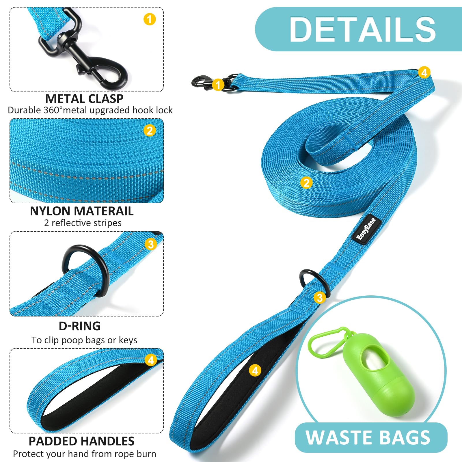 15FT Heavy Duty Reflective Dog Leash with 2 Soft Padded Handles - Durable Training & Walking Lead for Large, Medium & Small Dogs - Perfect for Night Walks, Jogging & Outdoor Adventures