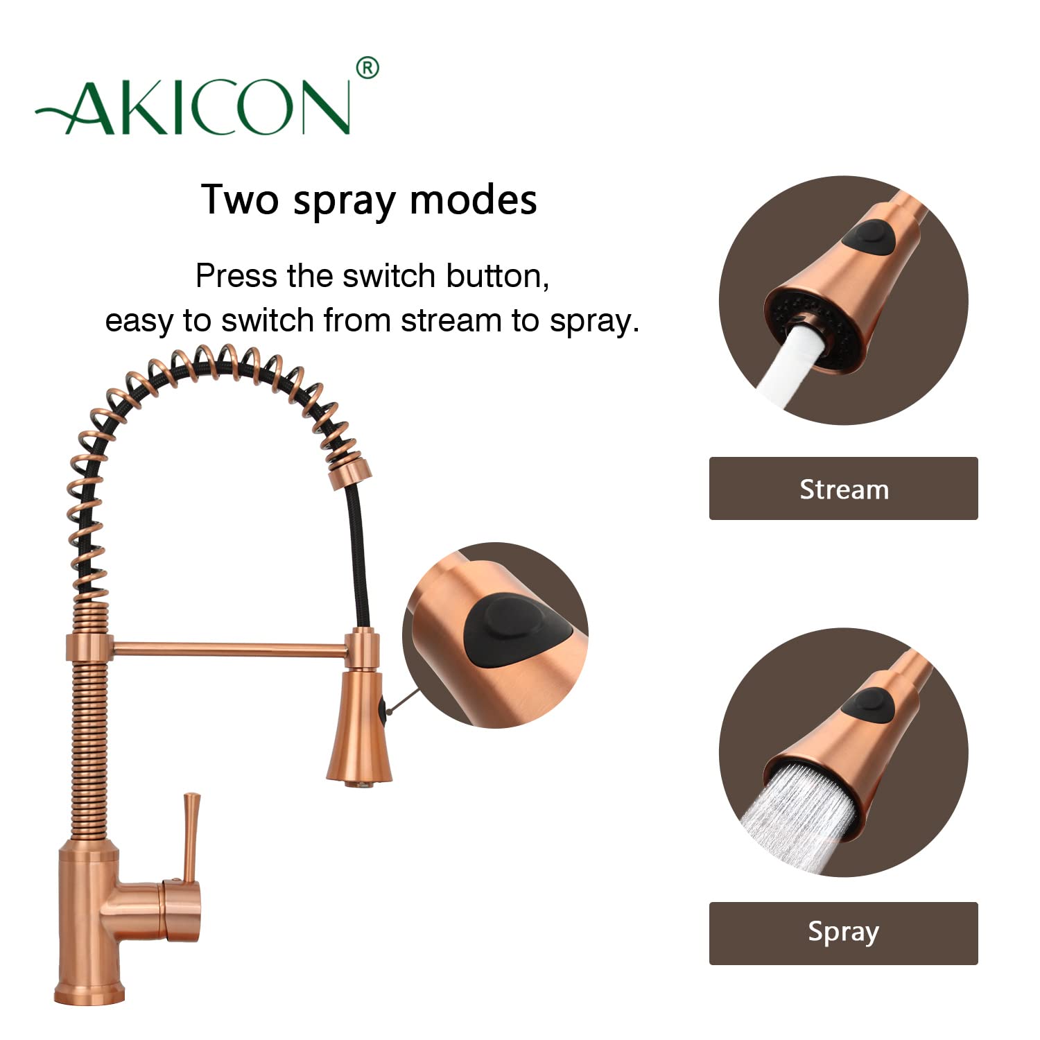 Akicon Brass Pull Down Kitchen Faucet - High Arc Sprayer for Sink (Copper) - Perfect for Modern Kitchens