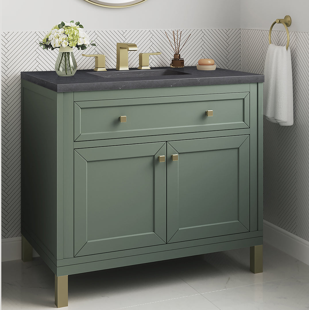 James Martin Vanities Chicago Collection 36 Inch Single Bathroom Vanity in Smokey Celadon with Countertop Options - Modern Farmhouse Style for Small Bathrooms & Powder Rooms