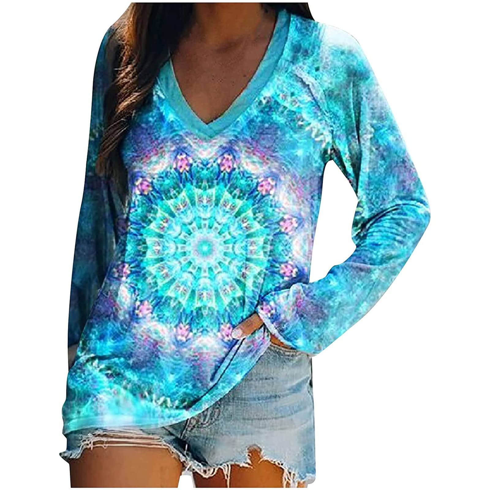 Women's Aztec Print V-Neck Blouse - Casual Long Sleeve Top for Boho Style