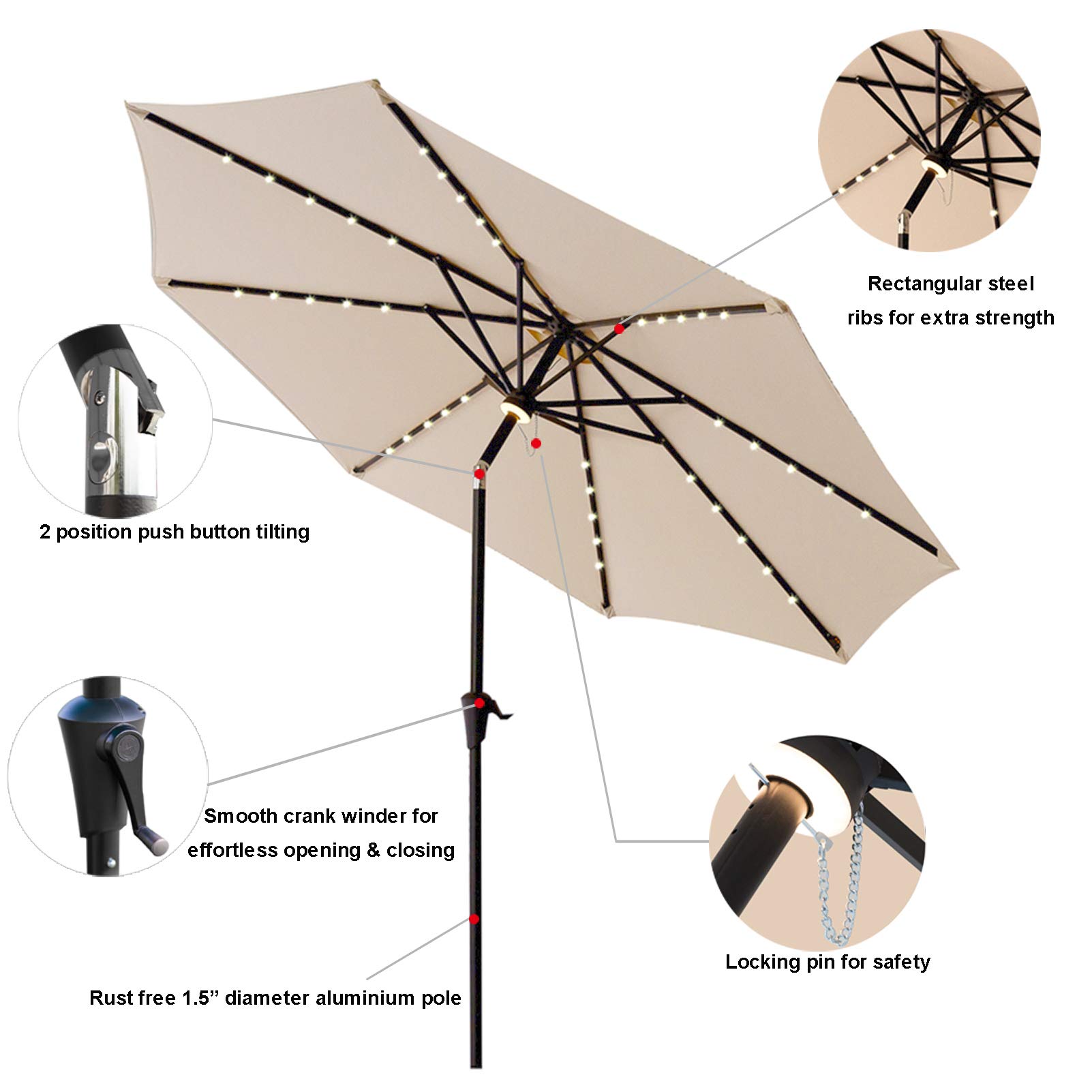 11 ft Solar LED Patio Umbrella with Tilt - Outdoor Market Table Umbrella for Garden, Poolside & Backyard - Waterproof & Windproof Sun Shade for Deck, Restaurant & Commercial Use