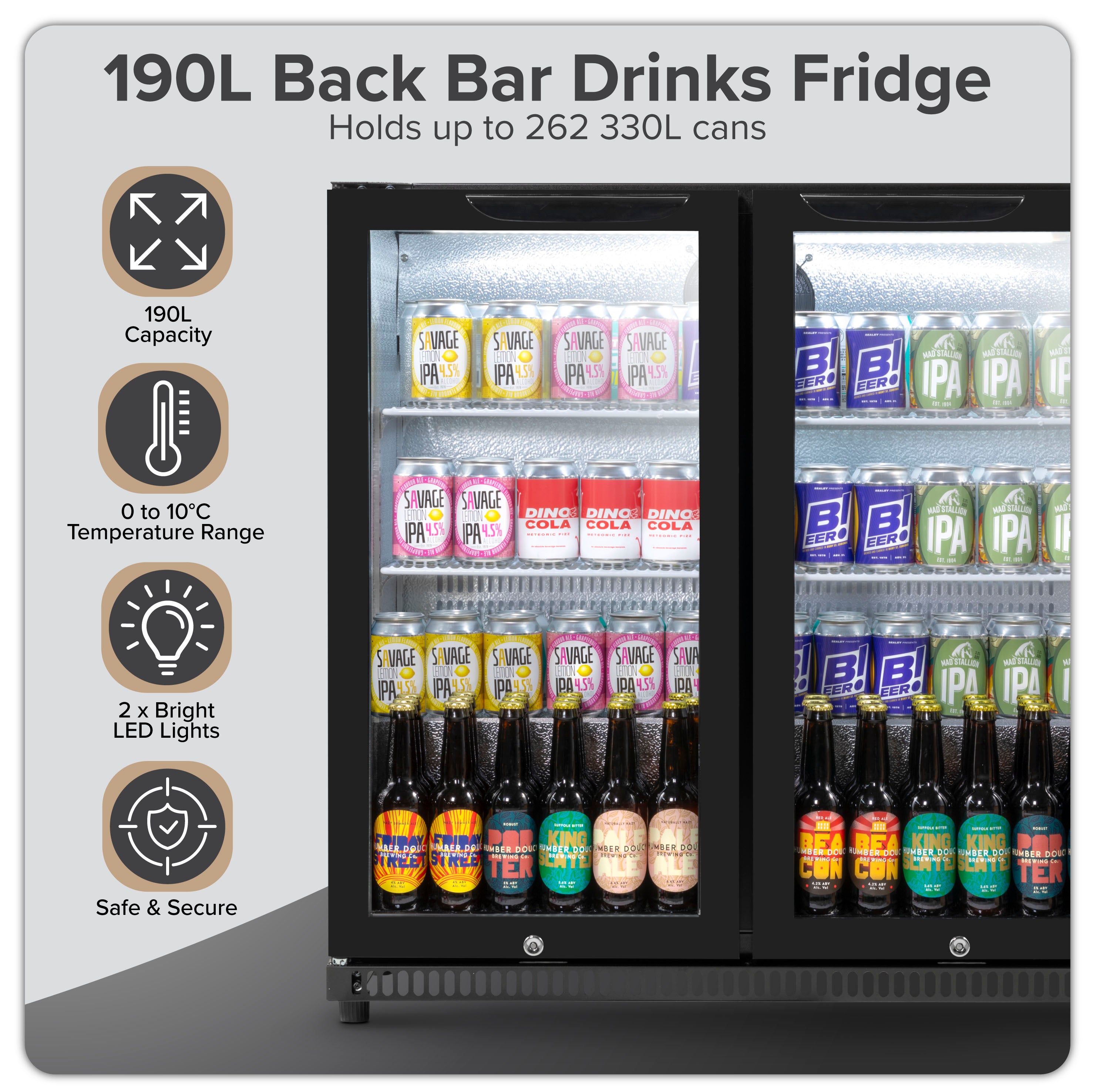 Baridi Back Bar Drinks Fridge with Hinged Double Door - 190L Capacity Commercial Beverage Cooler for Bars, Restaurants & Home Use - Model DH272
