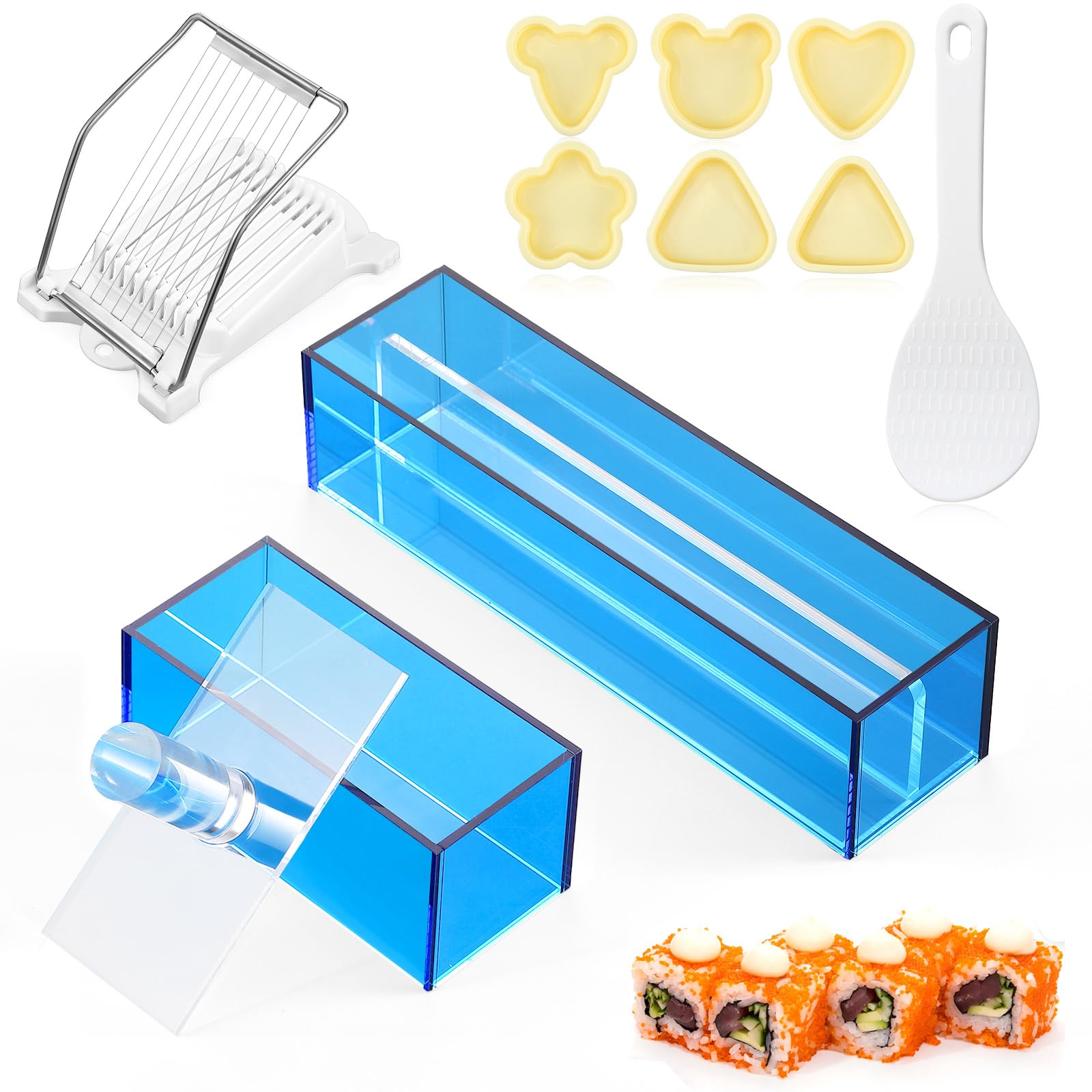 Baderke 10-Piece Musubi Maker Kit - 2 Blue Acrylic Sushi Press Molds, 1 Luncheon Meat Slicer, Stainless Steel Wires, 6 Rice Ball Molds, 1 Spoon - Complete DIY Sushi Making Kit for Home, Bento Box, Picnic & Party Food Prep
