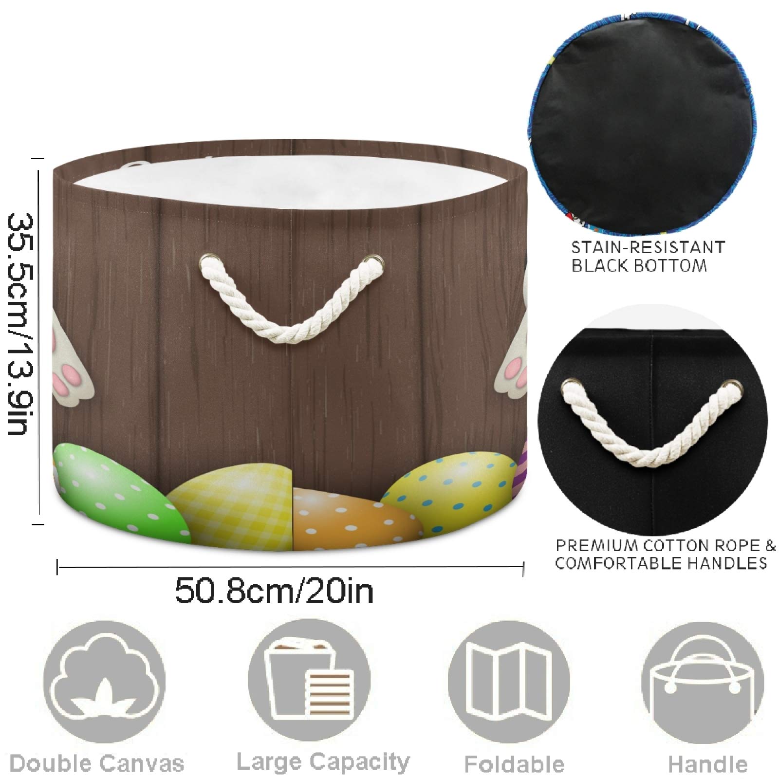 Visesunny White Bunny Easter Eggs Collapsible Fabric Storage Basket - Dark Brown Wooden Pattern Laundry Bin for Clothes, Toys & Organizing - Perfect for Bathroom, Bedroom, Nursery & Closet Storage Solutions
