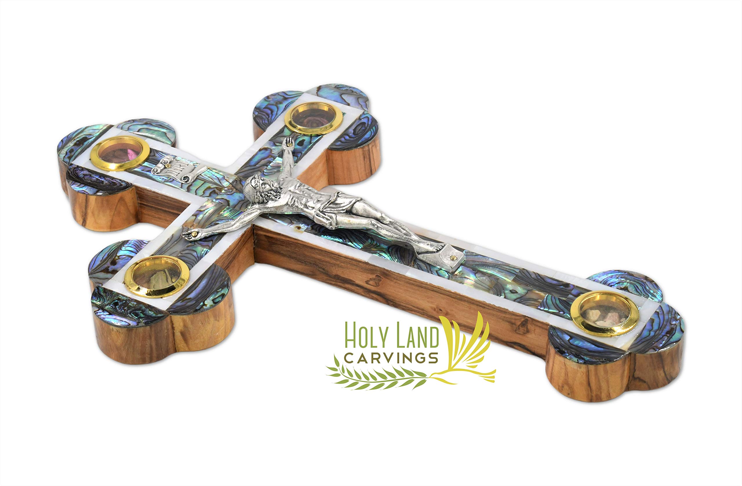 11 Inch Olive Wood Cross Wall Crucifix with Mother of Pearl Inlay - Handcrafted in The Holy Land - Includes 4 Glass Vials with Holy Relics, Incense, Flowers, Stones & Olive Leaf - Unique Easter Gift for Home Decor & Religious Devotion (11x7 Inches)