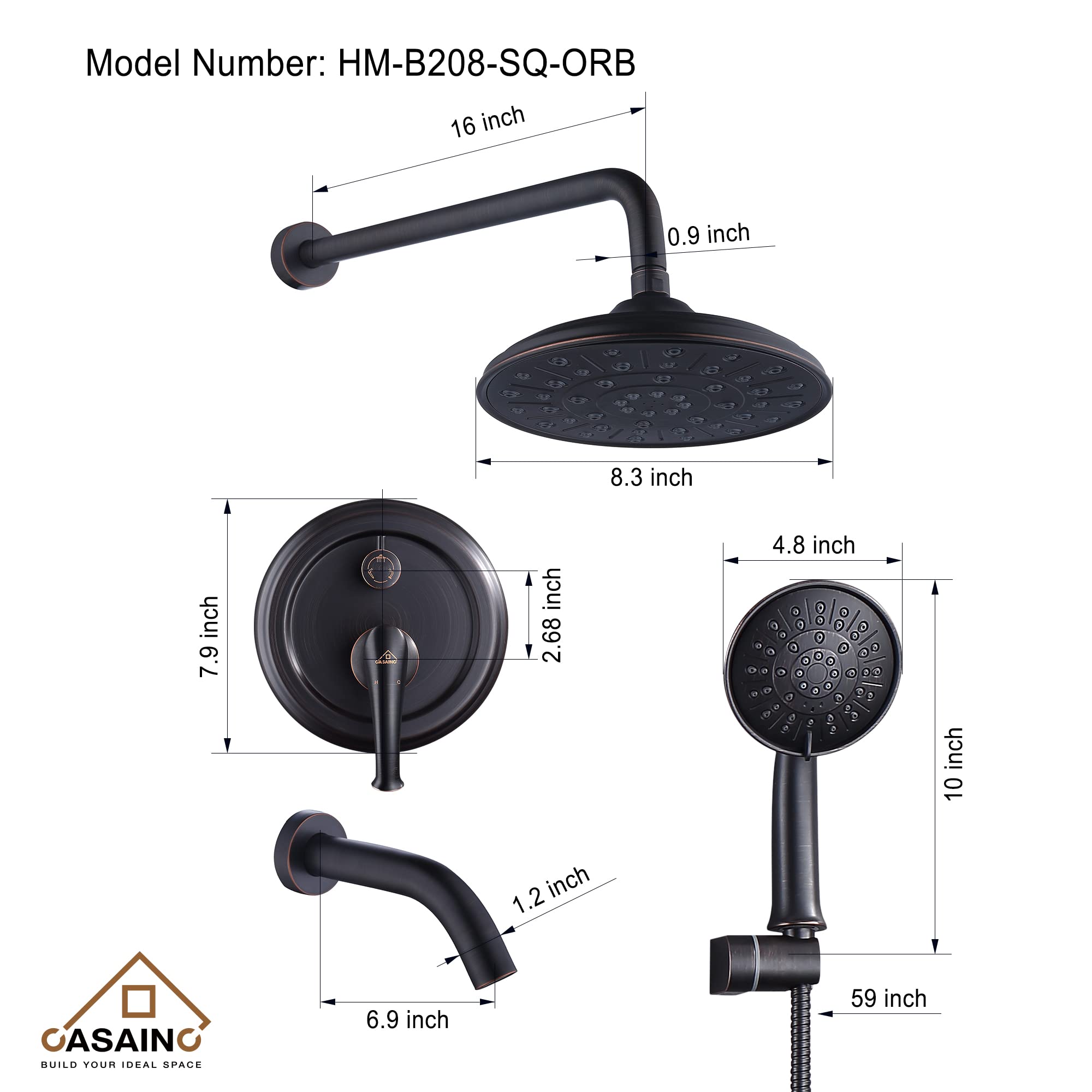 Premium 8-Inch Rain Shower System - Oil Rubbed Bronze Wall Mounted Shower Faucet Set with Pressure Balanced Valve & Tub Spout - Perfect for Modern Bathrooms & Spa-Like Shower Experience
