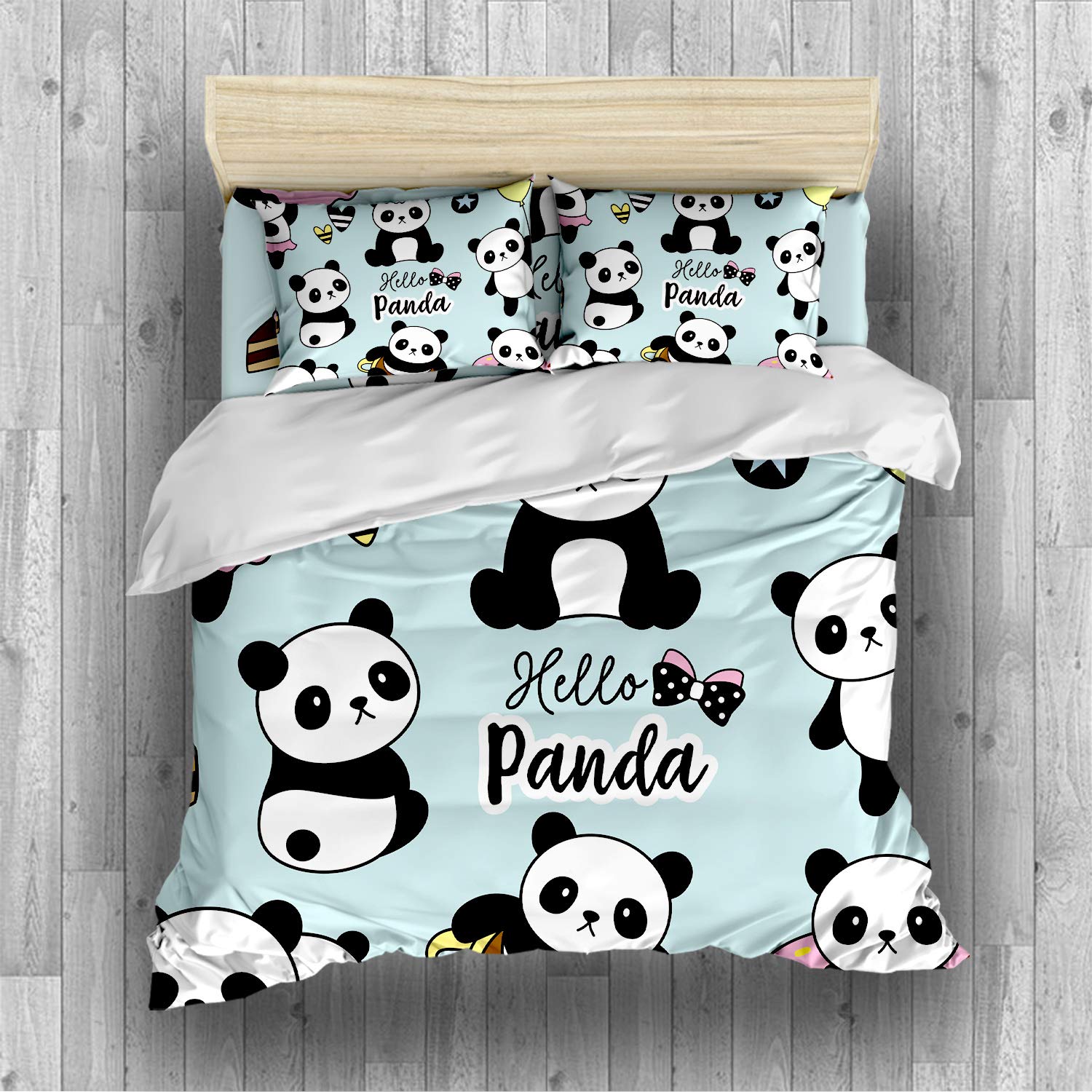 REALIN Panda Bedding Set - Pink Blue Green Cartoon Panda Duvet Cover with Hot Air Balloon Design, 2/3/4PCS Microfiber Quilt Cover, Sheets & Pillow Shams for Twin/Full/Queen/King Size - Perfect for Kids' Room, Nursery Decor or Themed Bedroom