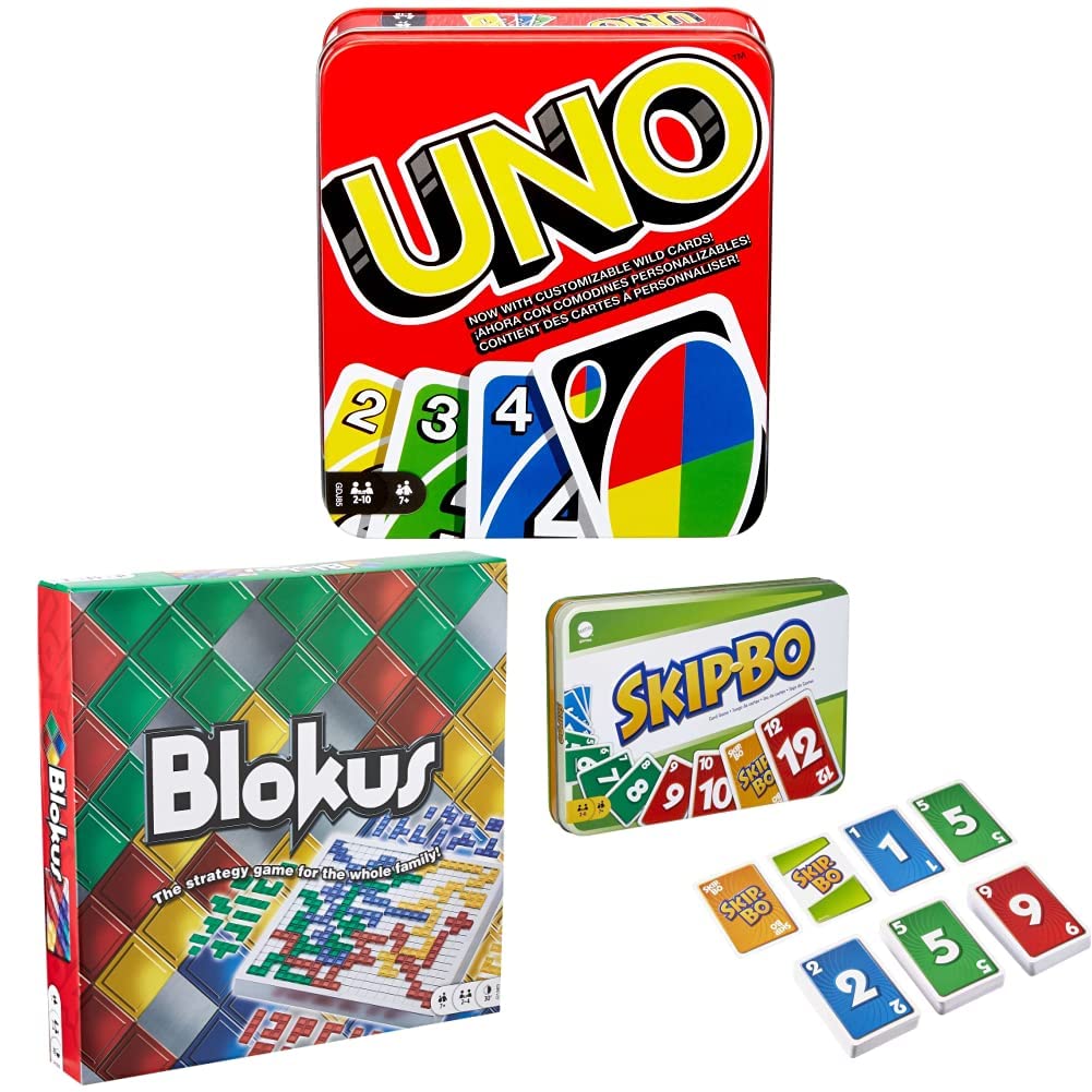 Mattel Games UNO Family Card Game, Blokus Strategy Board Game & Skip Bo Card Game Set - Fun Family Games for Kids & Adults Ages 7+ | Perfect for Game Nights, Birthday Gifts & Travel Entertainment