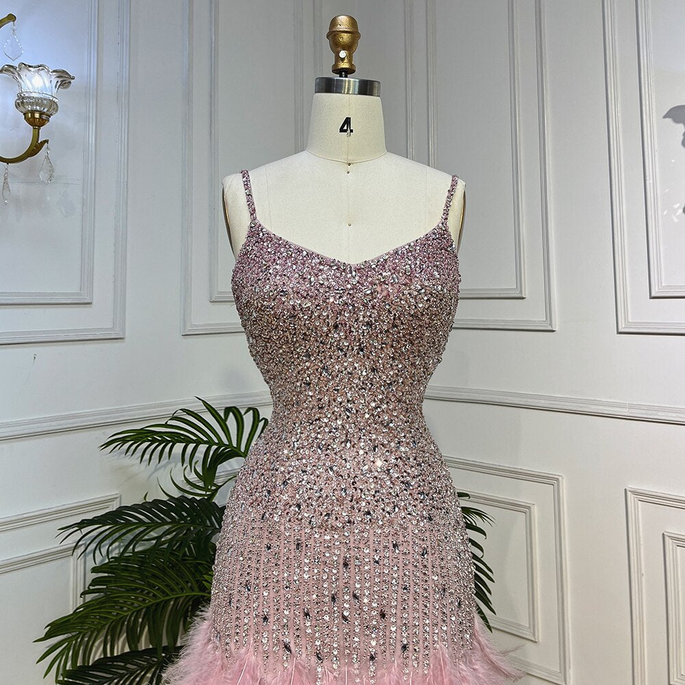 Serene Hill Pink Mermaid Sweetheart Spaghetti Strap Short Evening Dress with Beaded Feather Details - Women's Mini Gown for Party, Prom, Cocktail & Special Occasions - LA72039