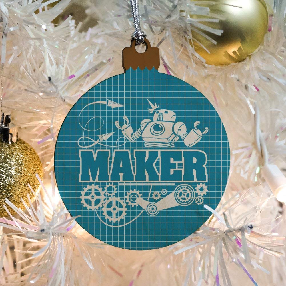 Robot and Gears Wooden Christmas Tree Ornament - Blueprint Design Holiday Decoration for Xmas Tree | Perfect for Festive Home Decor, DIY Crafts & Unique Gift Giving