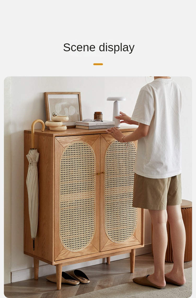 Oak Solid Wood Rattan Shoe Cabinet - Rustic Entryway Storage Organizer for Shoes, Boots & Accessories | Perfect for Hallway, Mudroom & Closet Organization
