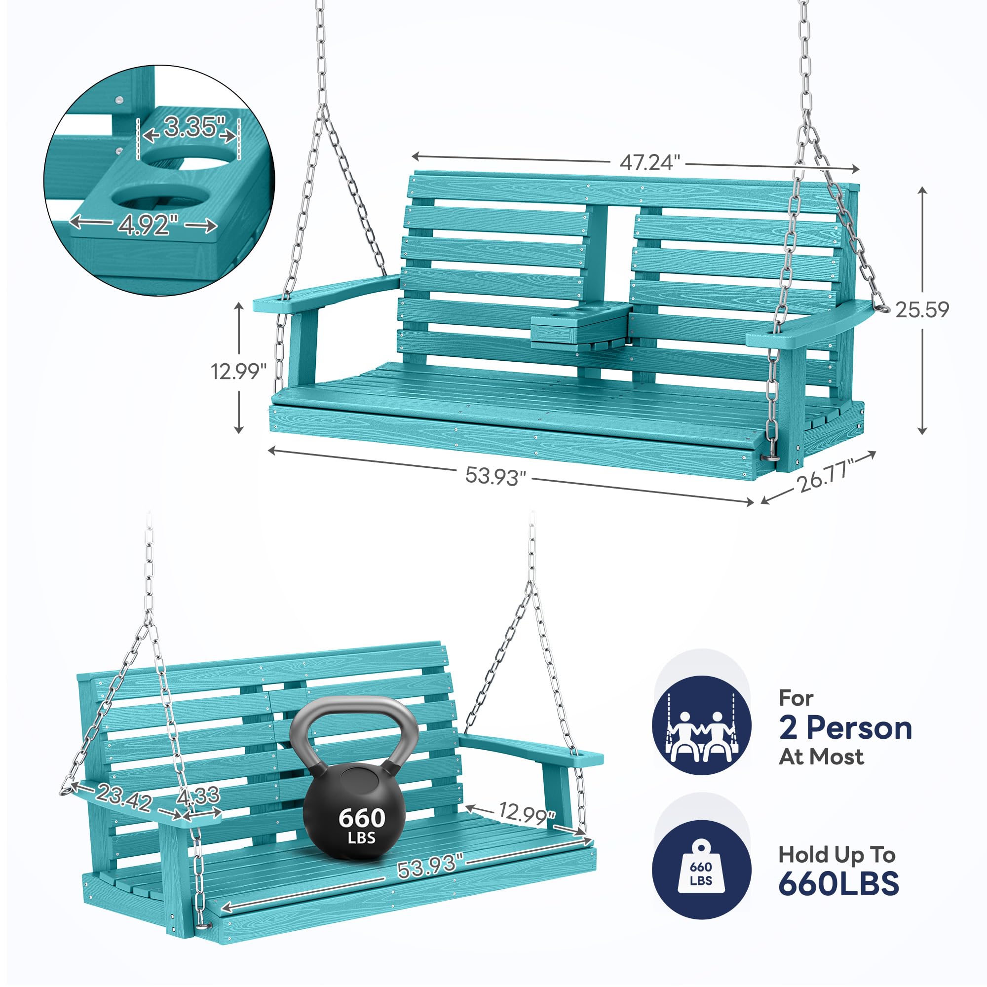 KINGYES 2-Person Outdoor Hanging Porch Swing Chair with Cup Holders - 660LBS Weight Capacity, Waterproof Patio Swing Bench for Garden, Backyard & Courtyard - Perfect for Relaxing, Reading & Enjoying Nature (Aruba Blue)
