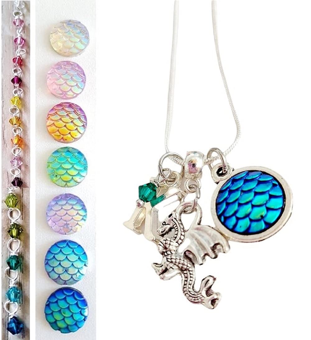 Handmade Mystical Fantasy Dragon Gothic Charm Silver Necklace - Personalized Initial & Colored Dragon Scale Pendant for Cosplay, LARP, Fantasy Costume Jewelry Gift